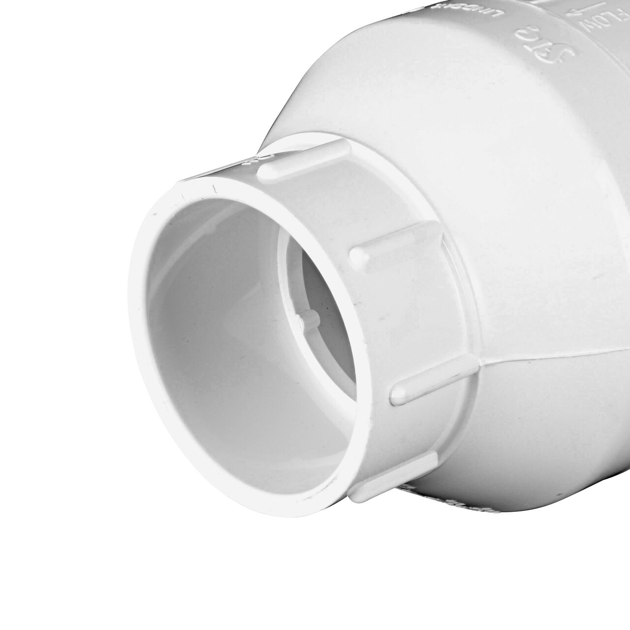 Closeup of outlet end on the NDS White 2 in. slip end by slip end PVC Swing Check Valve (NDS 1520-20) which prevents backflow in pipelines