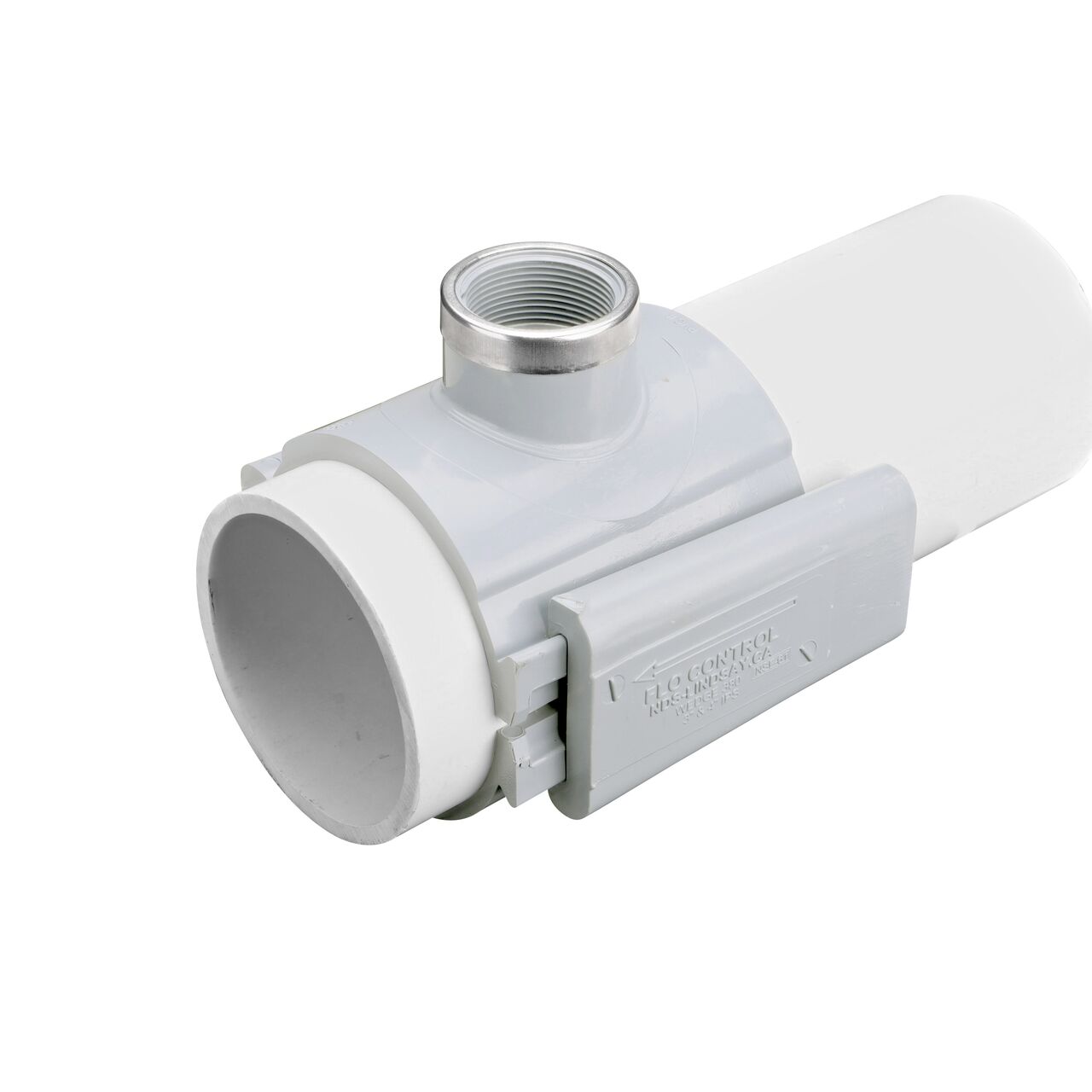 The NDS Clamp-It™ Rigid PVC Saddle with 1-1/2 in. FPT connection on top (NDS 444015) installed onto 4 in. PVC pipe with the wedge closure fully secure