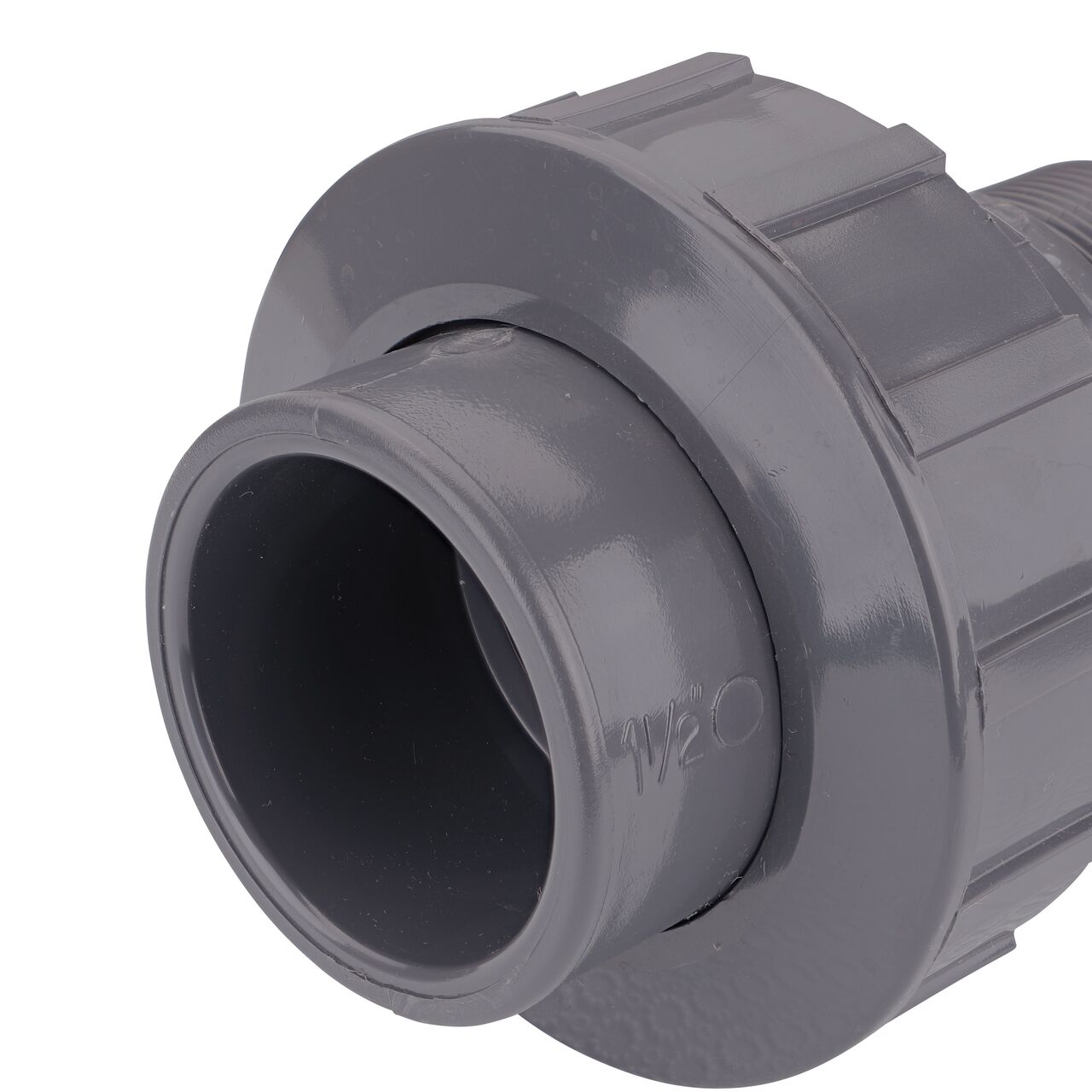 Closeup view of the slip end on the NDS 1-1/2 in. PVC Union (NDS U-1500-SM) used to connect pipes and provide a quick way to separate pipes when needed