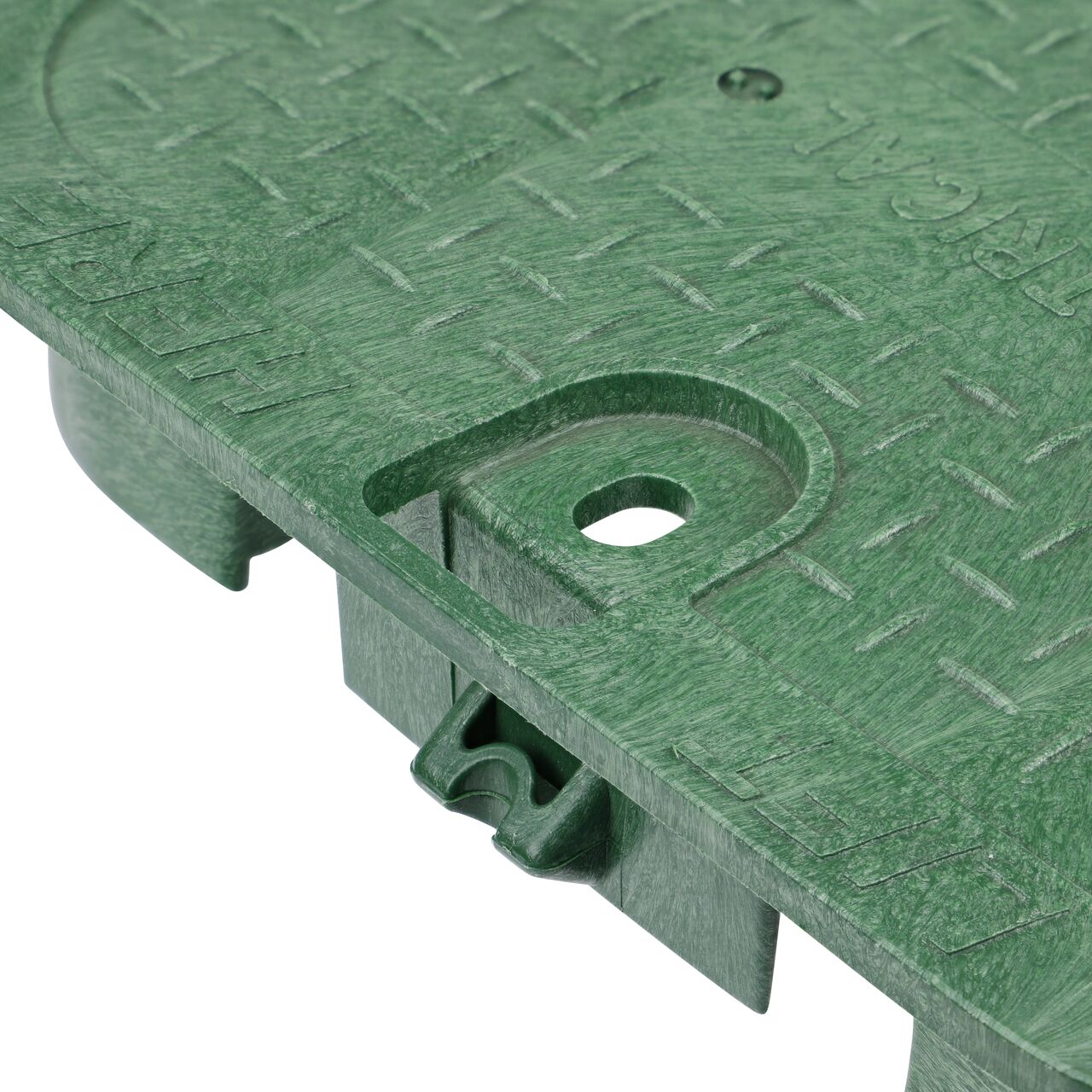 Closeup view of the locking mechanism and bolt hole on the Electrical cover (NDS 113CE) for the NDS 14 X 19 in. Rectangular Standard Series Valve Box