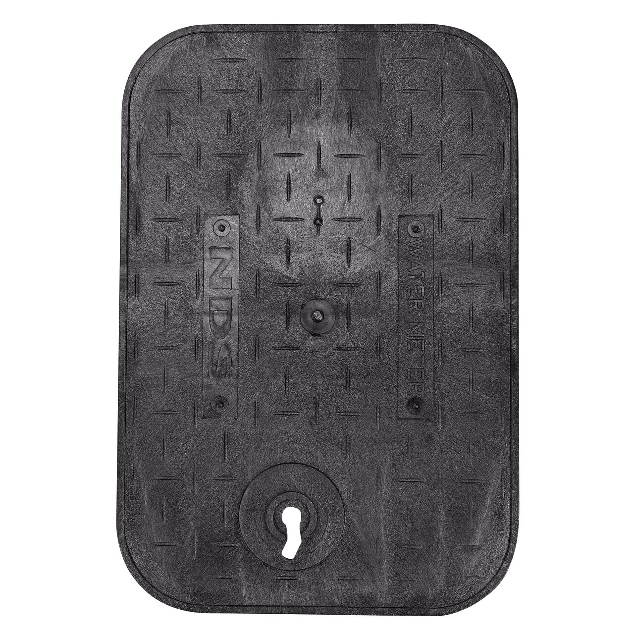 Top down view of the top side of the Black Water Meter Overlapping Locking cover (NDS D1200-OLLOCBLD) for the NDS 14 in. X 19 in. Rectangular Standard Series Meter Boxes