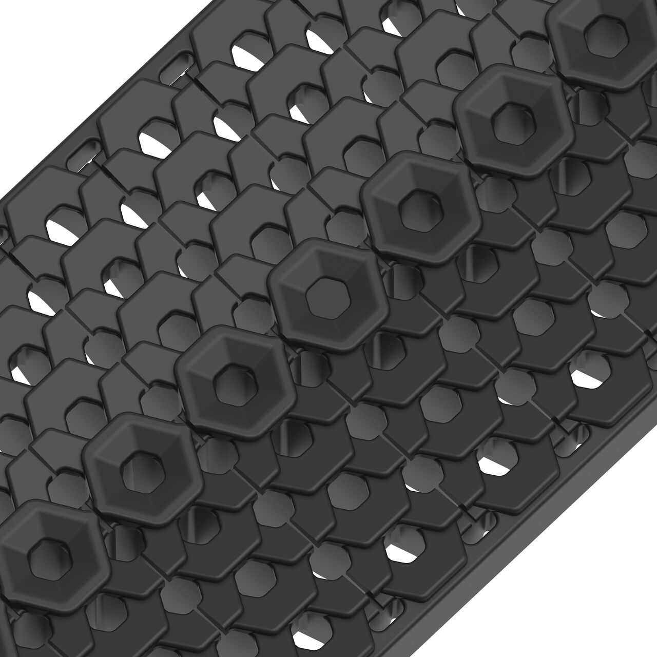 Angled closeup view of the class C COMBee design plastic BG-FILCOTEN® 100 Trench Drain Grate (NDS 17010402)