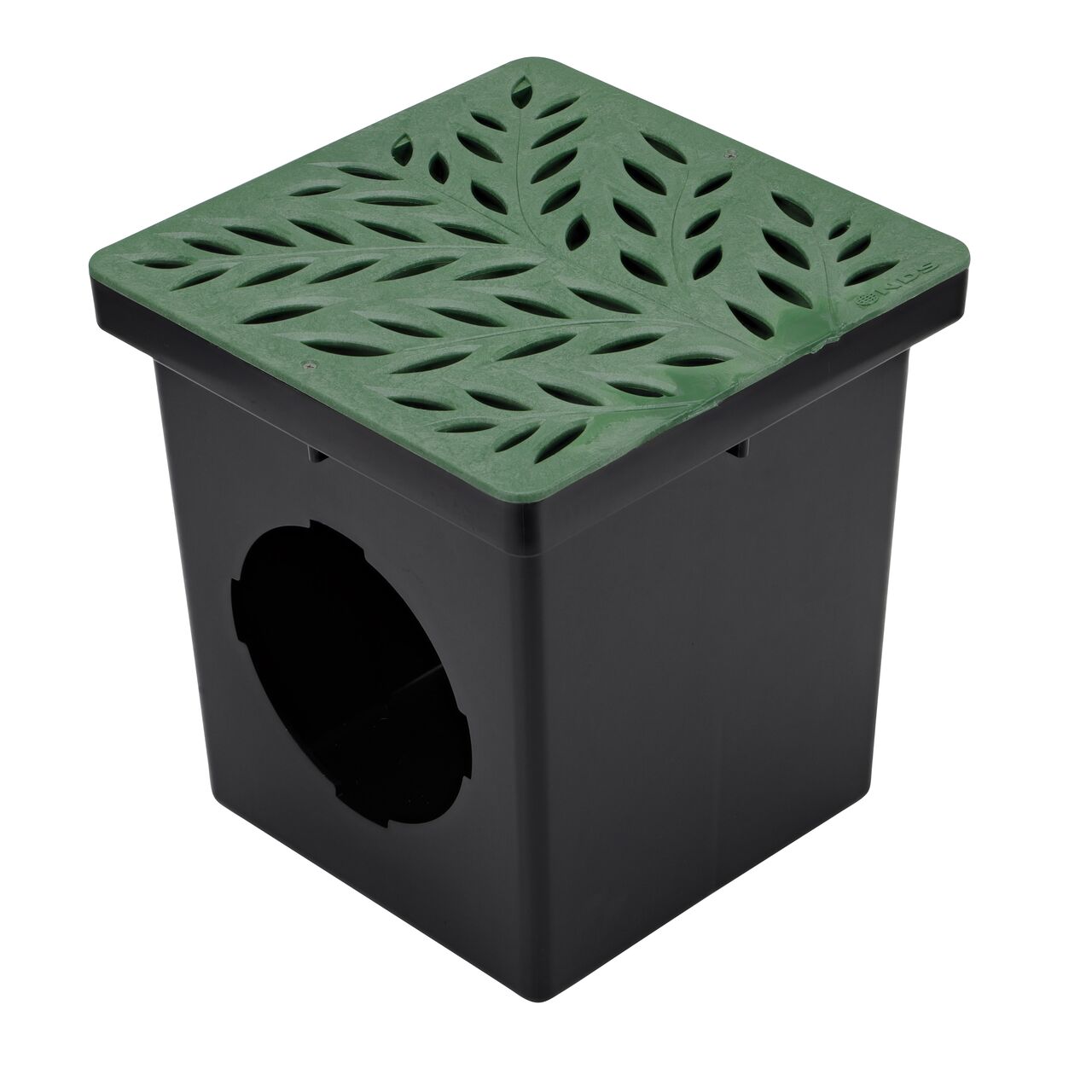 Alternate shot of NDS 12 in. Square Catch Basin Drain Grate, Decorative Botanical Design, Green Plastic (NDS 1218GR) installed on a 12 in. Catch Basin Drain with 2 openings (NDS 1200*); Retail