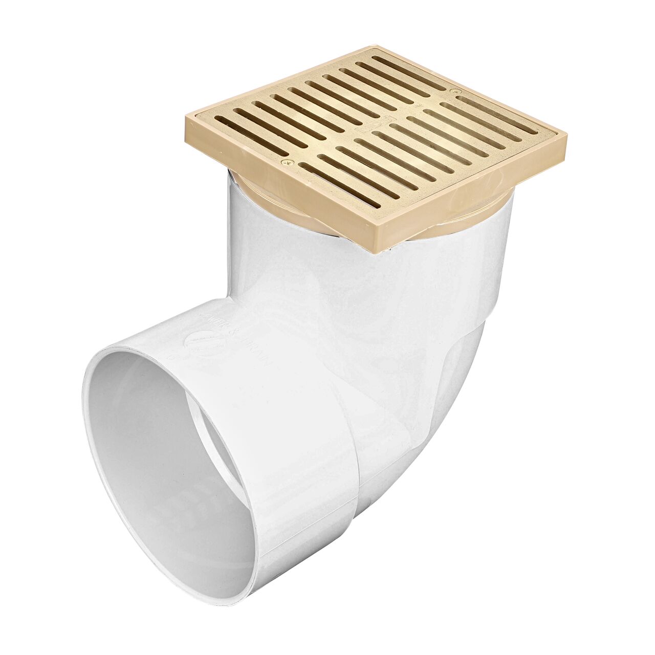 NDS Satin Brass and  plastic 6 in. Square Grate Fits Spee-D® Basin & 6 in. Drain Pipe & Fitting installed in 6 in. S&D Elbow (NDS 921B)