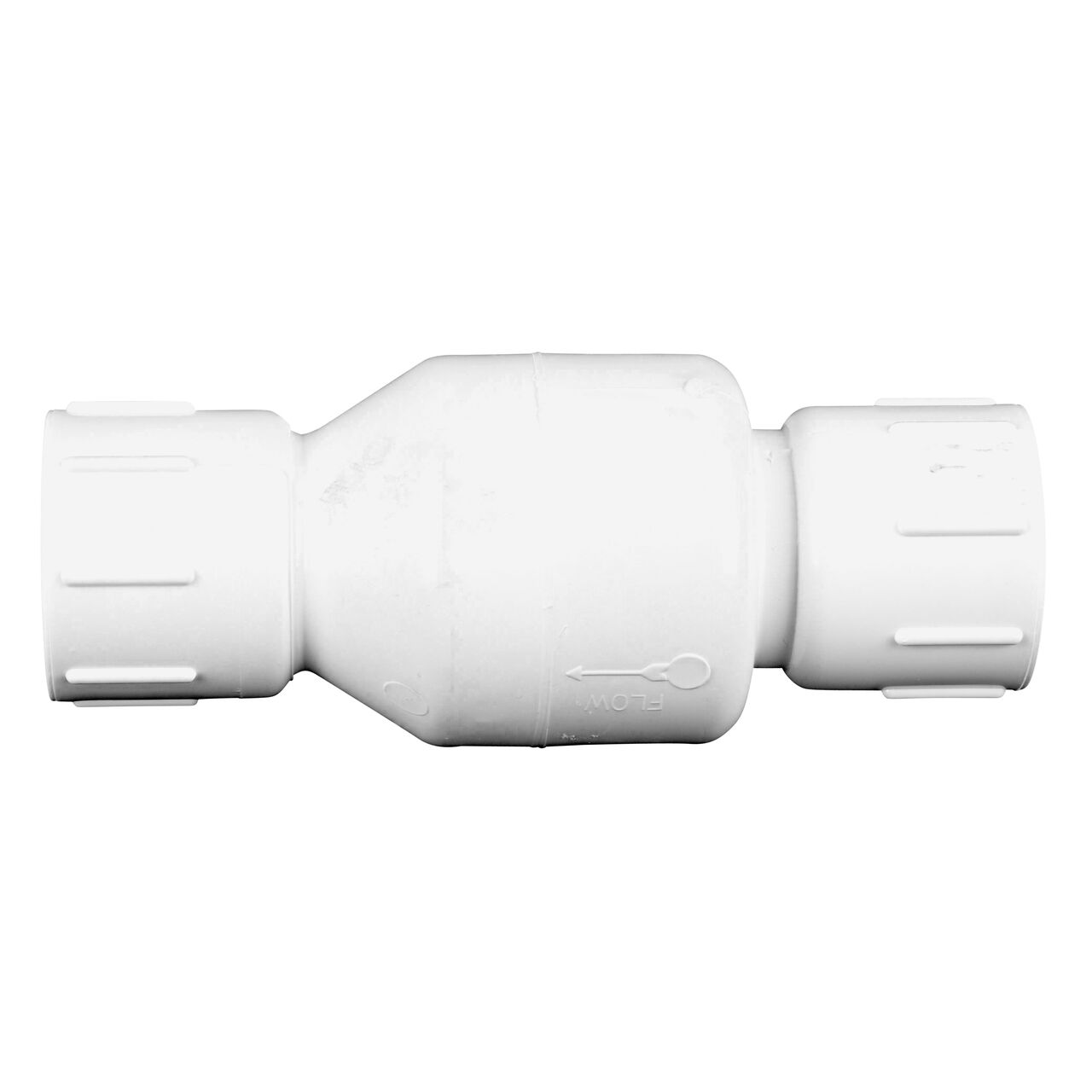 Side to side view of the NDS White 1 in. slip end by slip end PVC Spring Check Valve (NDS 1011-10, NDS 1012-10)