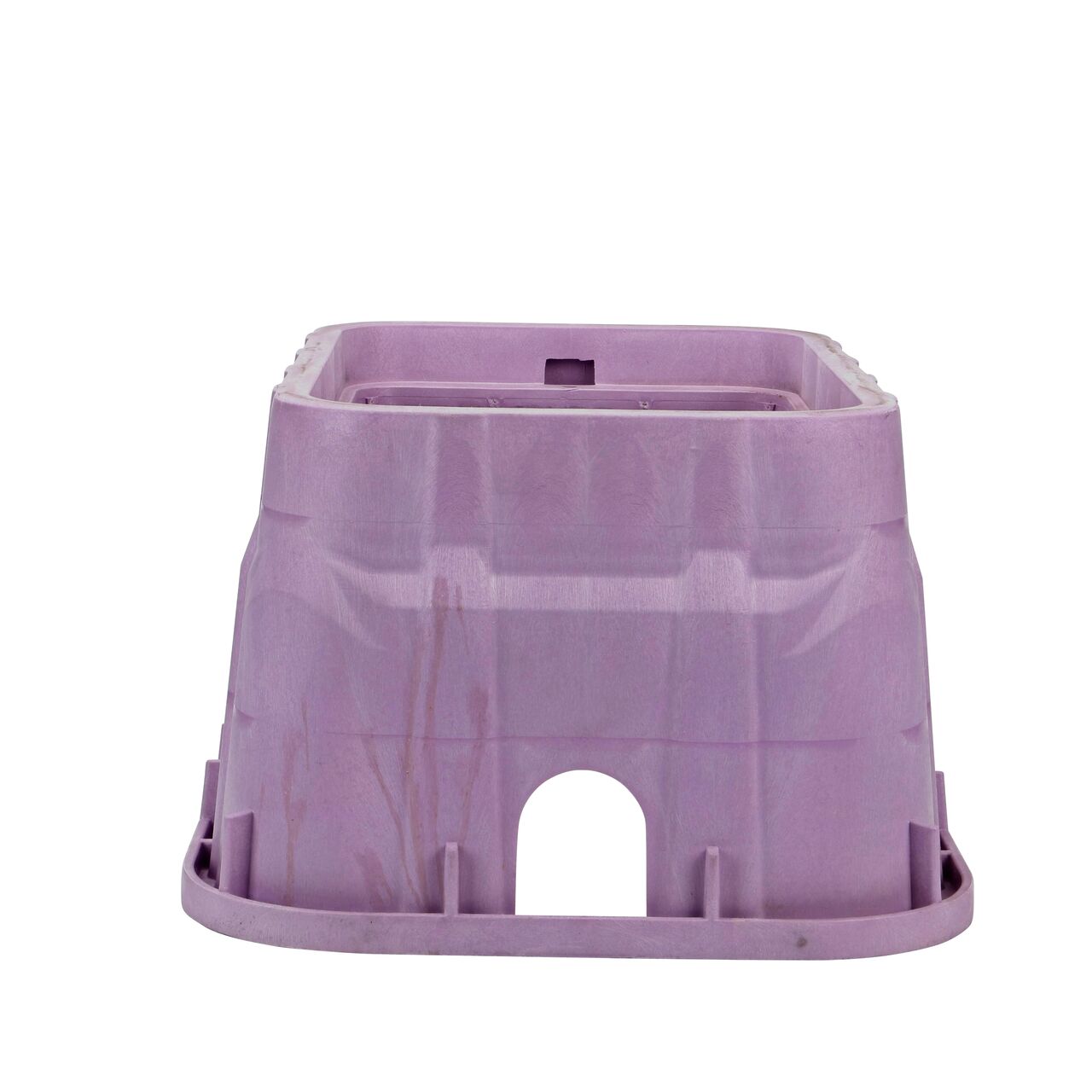 Side view of the shorter side on the NDS Purple plastic 13 in. X 20 in. Rectangular Pro-Spec® Series Valve Box (NDS 318PB) showing both pipe holes available to connect valves to your irrigation system