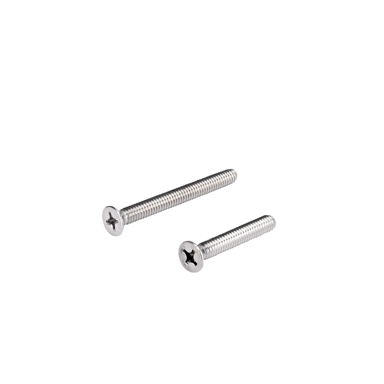 Two different lengths, 2-1/2 in. and 1-1/2 in., of Phillips Flat Head Screws (NDS DS-225, NDS DS-629) are used for securing Dura Slope Drainage Grates to the channel drain directly or on the Dura Slope iron frames