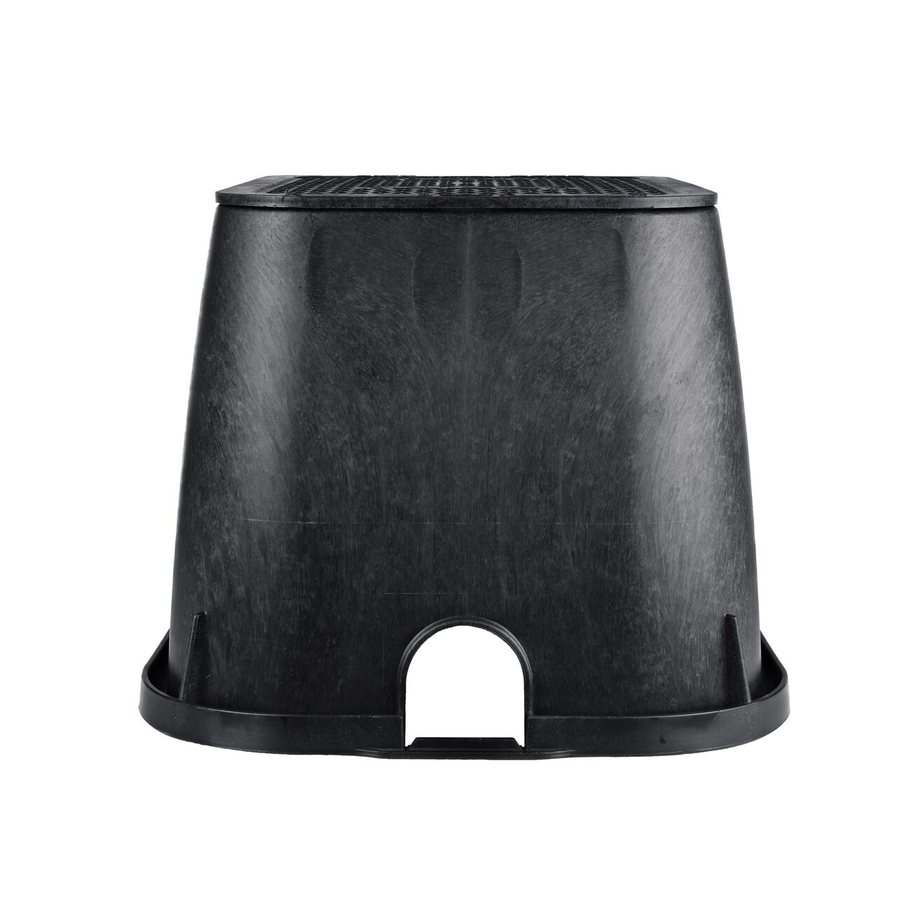 Side view of the shorter width side of the NDS 14 X 19 in. Rectangular Standard Series Valve Box & Irrigation Control Valve Cover (NDS 113BCBLK) rugged enclosure that features a pipe hole for water and irrigation pipe connections