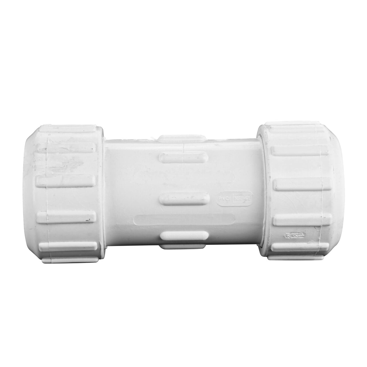 Side view of the NDS 1 1/4 in. Flo Lock PVC Gripper Coupling (NDS 112-12) which transports water through pipes