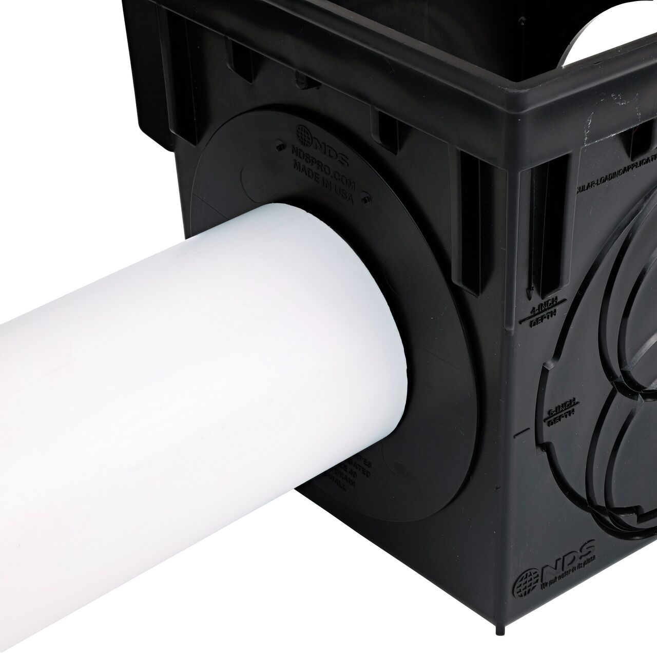 Step 3 in how to connect the 9 in. Square 2-opening Catch Basin Drain (NDS 900, NDS 900BLKIT, NDS 900GRKIT, NDS 900SKIT, NDS900MTLKIT) to pipe is to install 4 in. sewer and drain pipe into adapter for a soil-tight fit