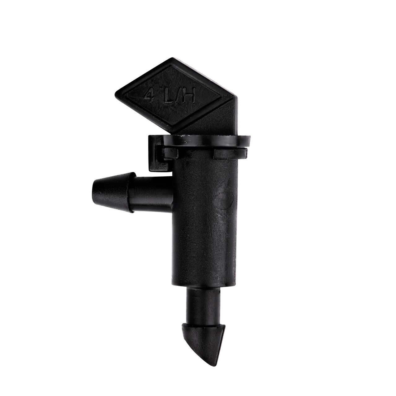 Side view of the black 1 GPH Take-A-Part™ Flag Emitter shows both 1/4 in. barbed connection points (NDS TAE 10)