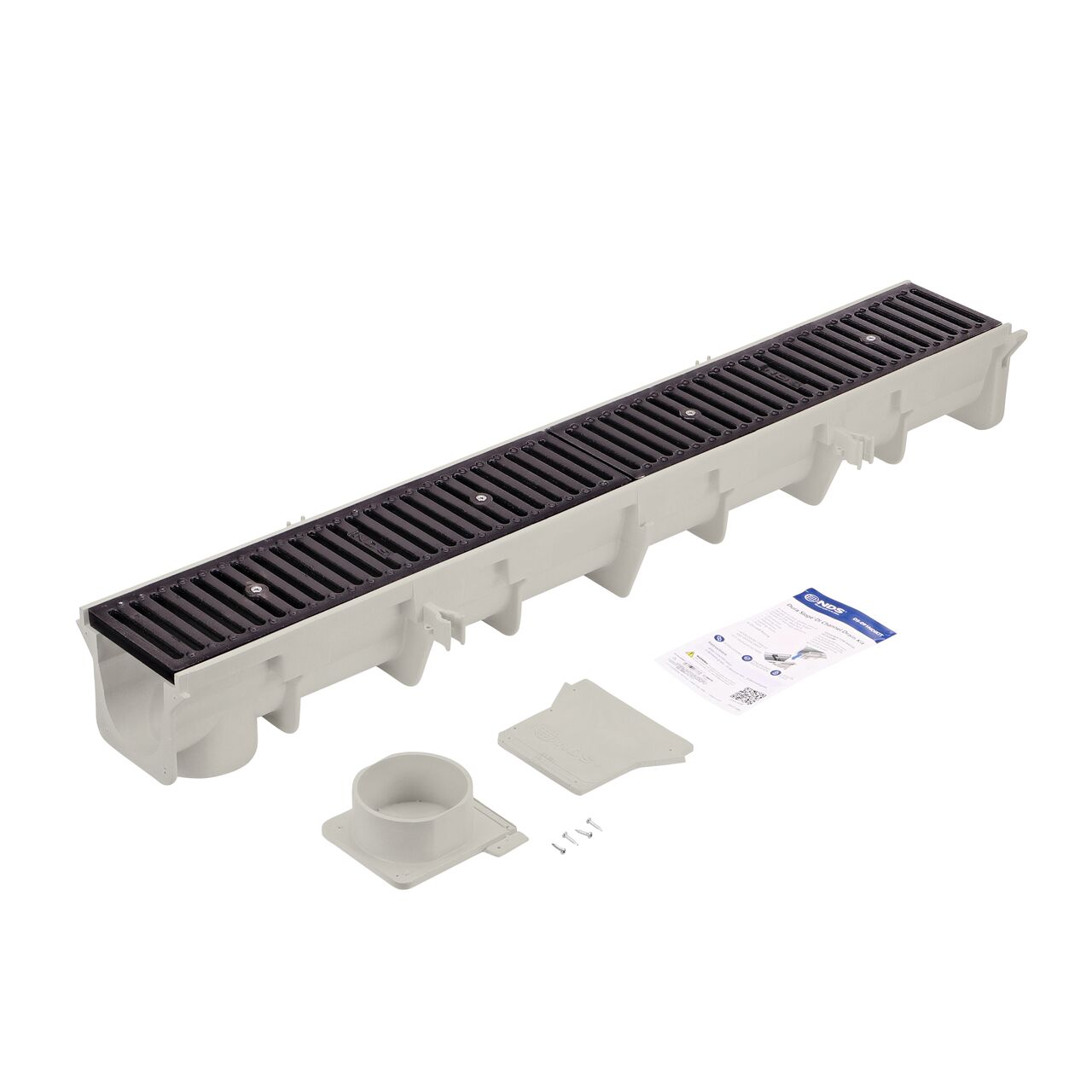 The NDS Neutral Dura Slope Channel Drain Kit includes a 4.3 in. deep neutral channel drain section with the ProFit™ locking system that locks the grates to the integral frame installed, along with two ductile iron grates already installed into this locking system, an end cap and end outlet pre-cut to fit this size drain, and screws to completely assemble one kit (NDS DS-091NDIKIT)
