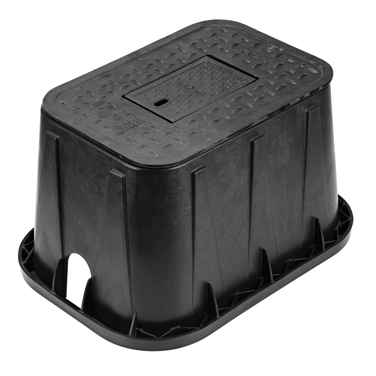 The NDS 14 in. X 19 in. Rectangular Standard Series Meter Box and Cover is a 12 in. high plastic Black box and cast iron Black Cover with Water Meter markings on the Overlapping Cover lid (NDS D1200-CICIR) with a Cast Iron reader door and protects underground irrigation and sprinkler system components and keeps them out of sight