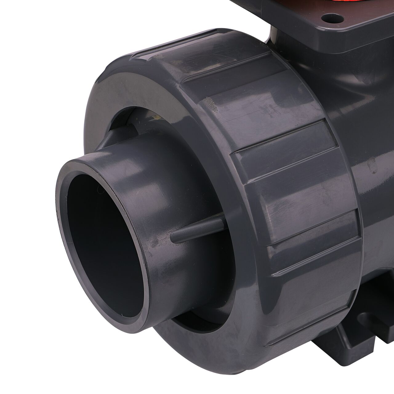 Close up view of the slip end on the 2-1/2 in. PVC Slip True Union Ball Valve (NDS BTU-2500-SE) and how it connects to 2 Schedule 80 pipe