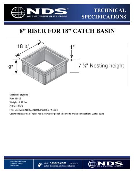 NDS 8 in. Riser for 18 in. Square Catch Basin Drain & Low-Profile Adapter Drain Tech Spec