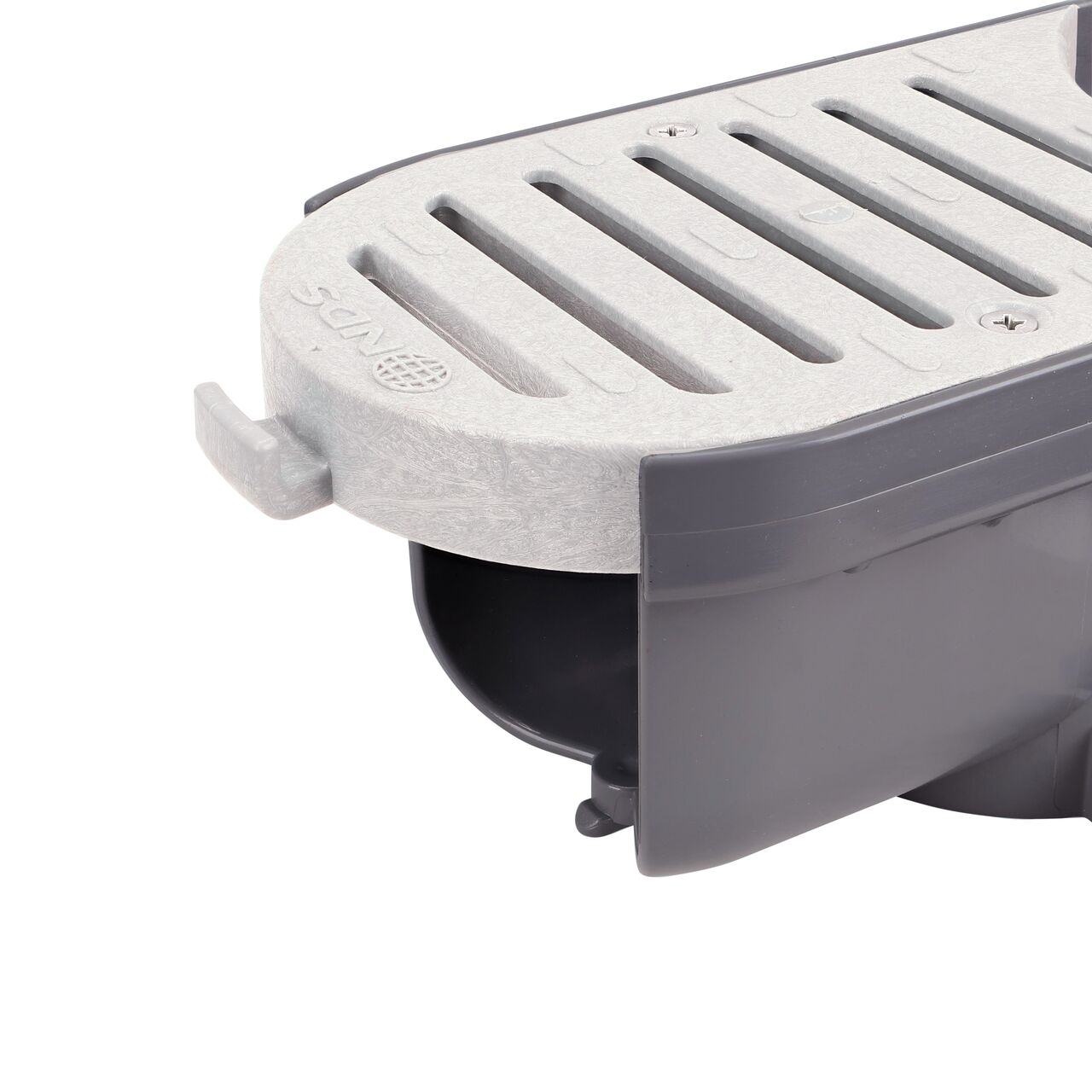 Closeup view of the NDS Spee-D® Contour™ Channel Drain Middle Section and Gray Grate (NDS 400-ACM-WH) where it connects to other middle pieces creating a pivot joint that provides 0 to 9 degrees of angular motion for flexibility