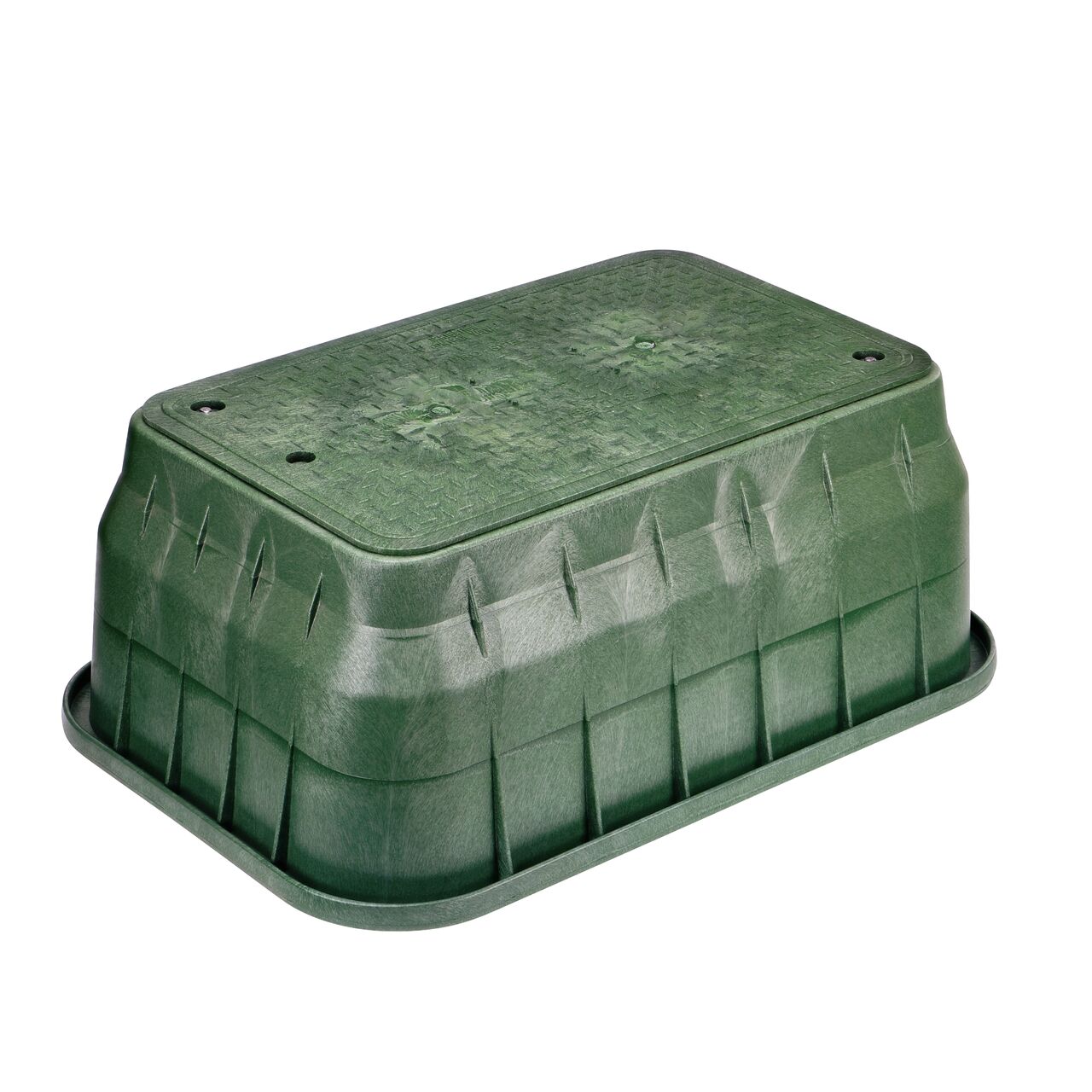 The NDS 17 in. X 30 in. Rectangular Pro-Spec® Series Valve Box and Cover with bolt is a 15 in. high Green Box and Green Cover with Irrigation Control Valve markings on the overlapping lid (NDS 324BCB) and protects underground irrigation and sprinkler system components and keeps them out of sight