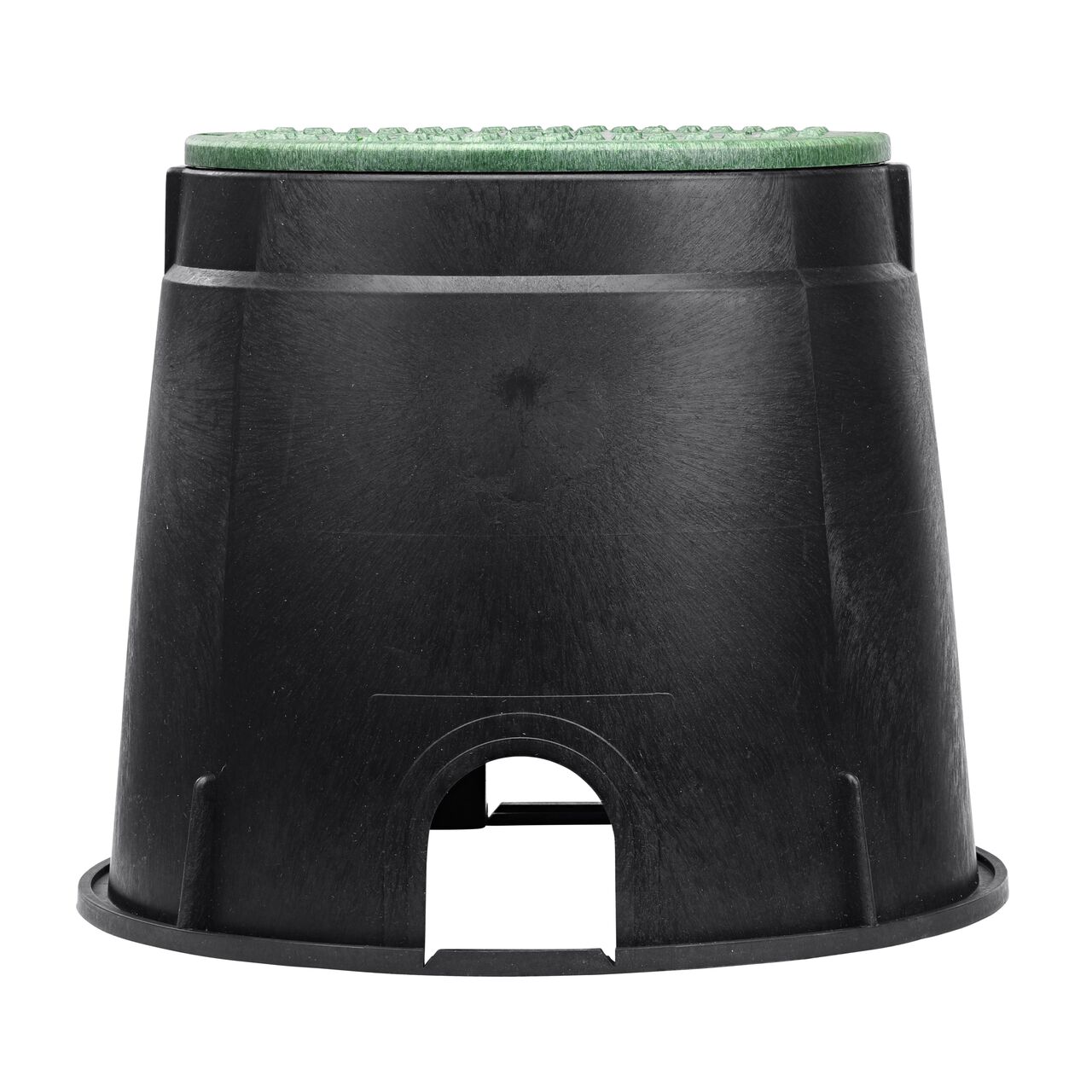 Side view of the shorter width side of the NDS 10 in. Round Standard Series Valve Box & Green irrigation control valve Cover (NDS 111BCB) rugged enclosure that features a pipe hole for water and irrigation pipe connections