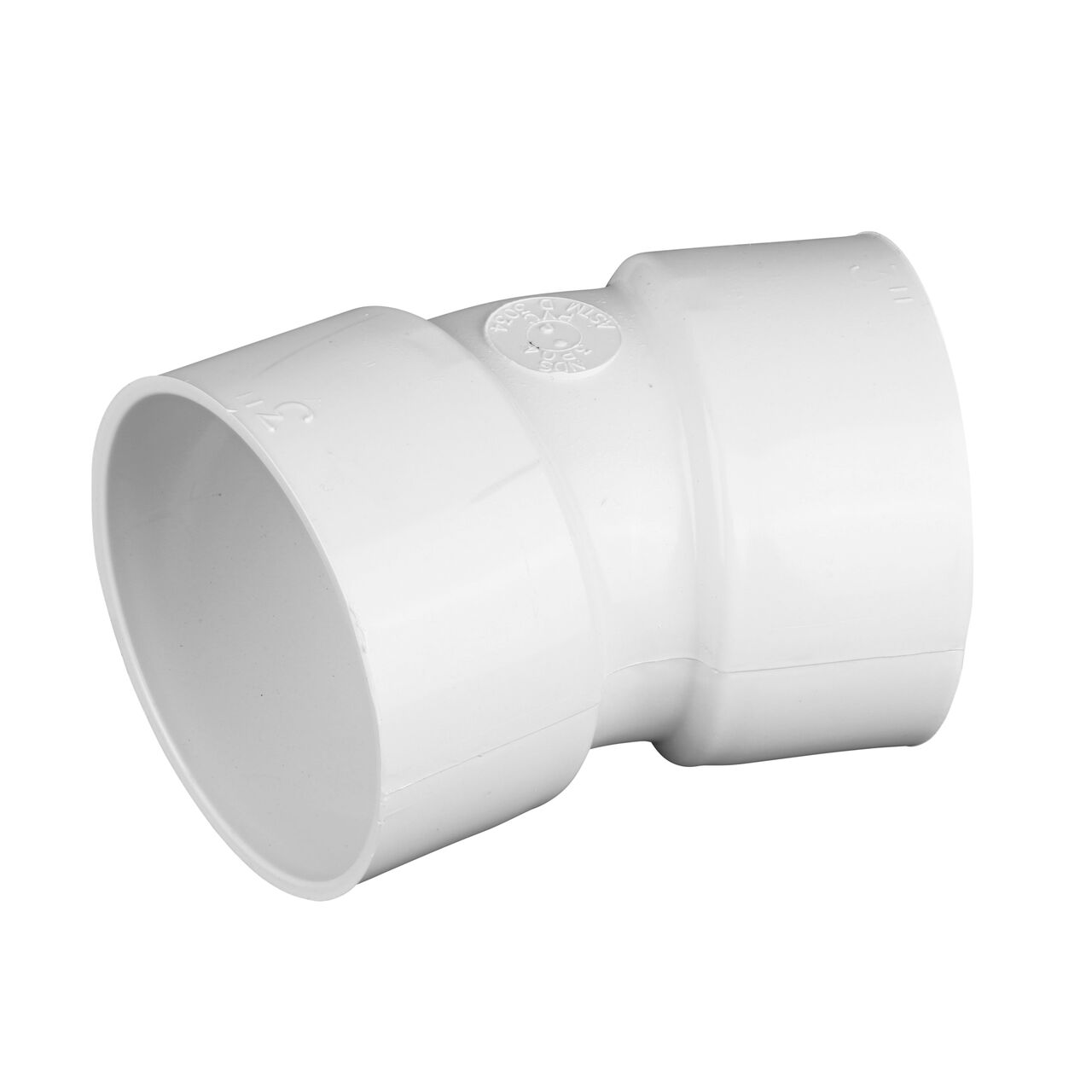 Alternate view of the PVC 22.5° elbow, connects 3 in. Sewer and Drain pipes, Hub X Hub connection (NDS 3P04)