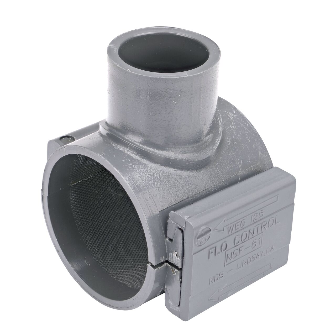 The NDS Clamp-It™ Rigid PVC Saddle with a 1 in. slip outlet on top fits 2 in. PE pipe with a patented wedge design to install a sprinkler irrigation system to the existing pipe without any bolts (NDS 332010P)