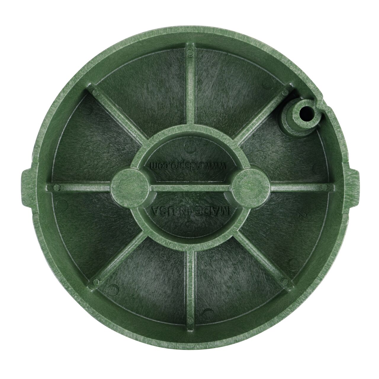 Top down view of the underside of the green irrigation control valve box cover for the NDS 10 in. Round Pro-Spec® Series (NDS 311C) showing reinforcing ribs that help support pedestrian traffic and lawn care equipment