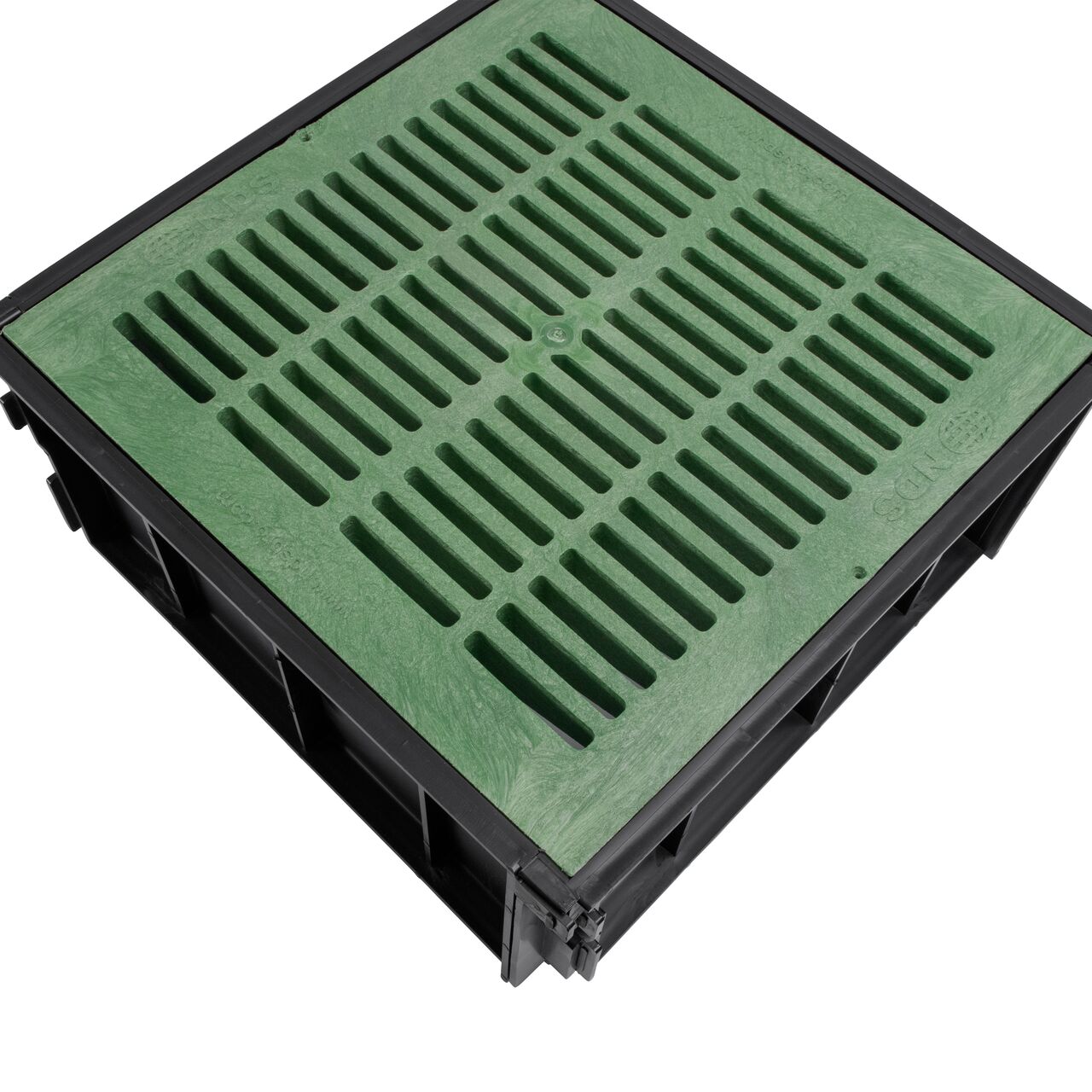 Top down closeup view of the 8 in. Riser for 18 in. Square Catch Basin Drain & Low-Profile Adapter Drain (NDS 1816) with a Green 18 in. Square Catch Basin Drain Grate installed (NDS 1812)