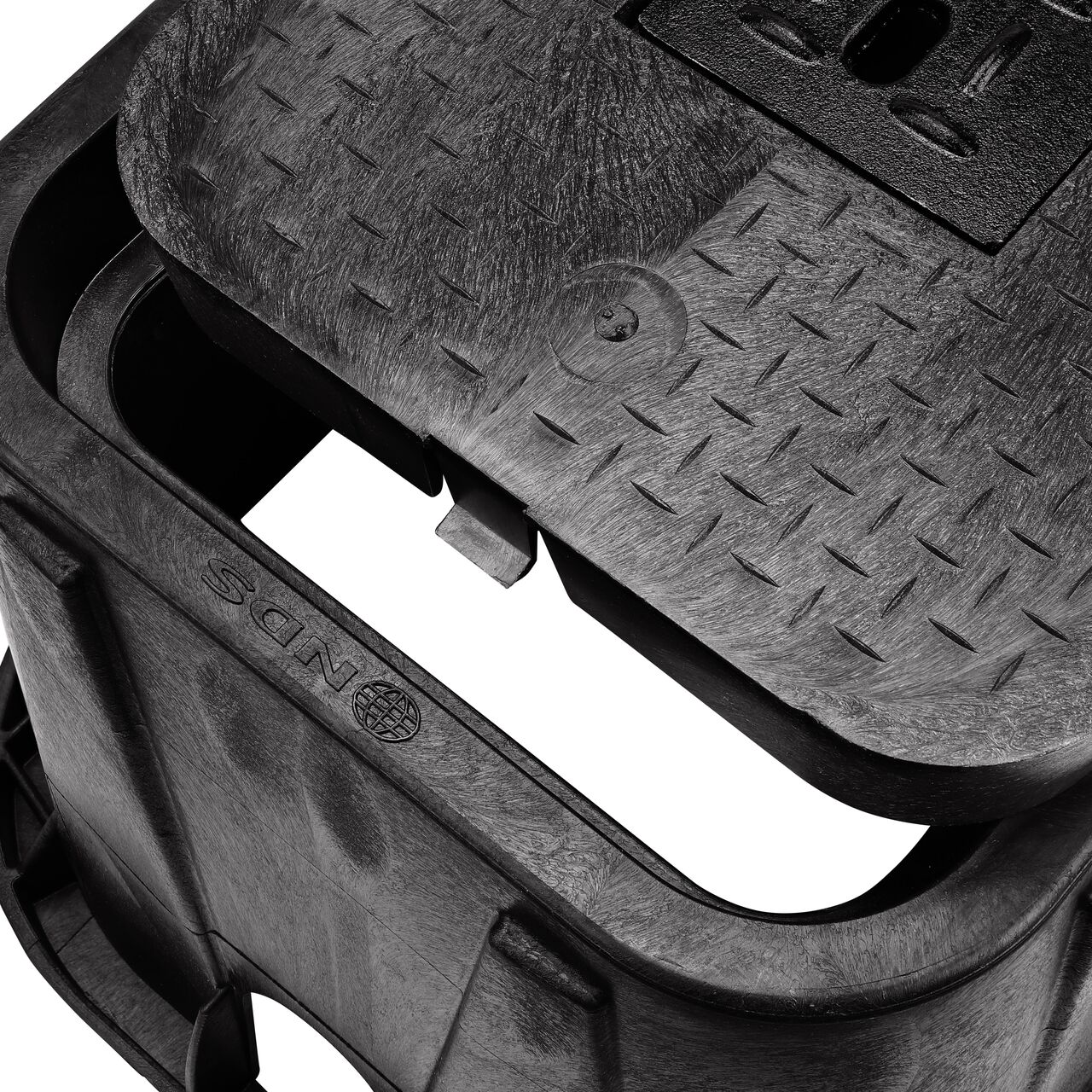 Align the bolt hole on the lid with the universal locking mechanism hole from the NDS 14 in. X 19 in. Rectangular Standard Series Black Meter Box and Black Drop-In Water Meter Cover (NDS D1200-DICIR) with Cast Iron Reader for a secure fit