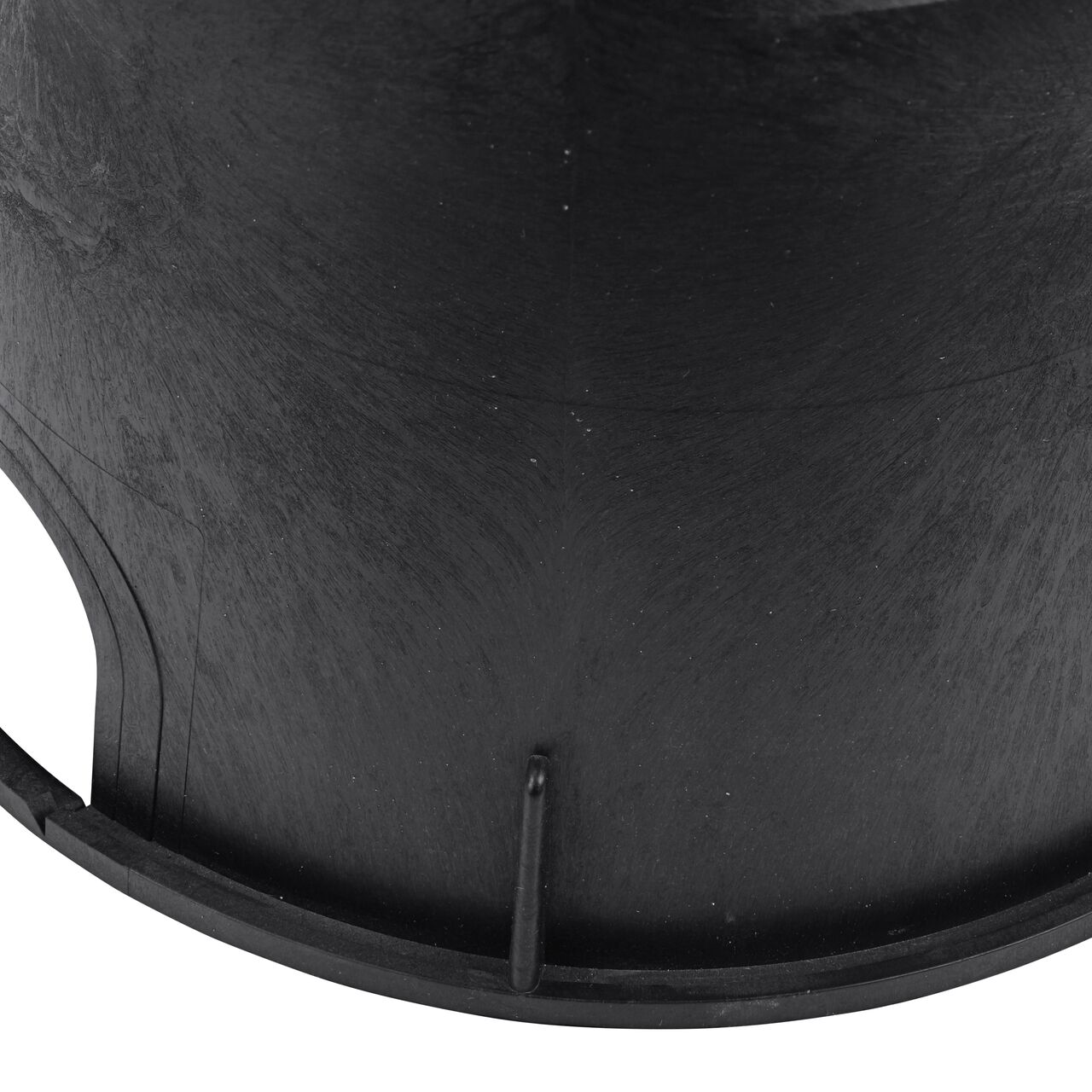 Closeup of the reinforced ribs on side of the durable black plastic 10 in. Round Standard Series Valve Box (NDS 111BCR) for superior strength and the notch in the lip on the pipe hole section for easy knockout