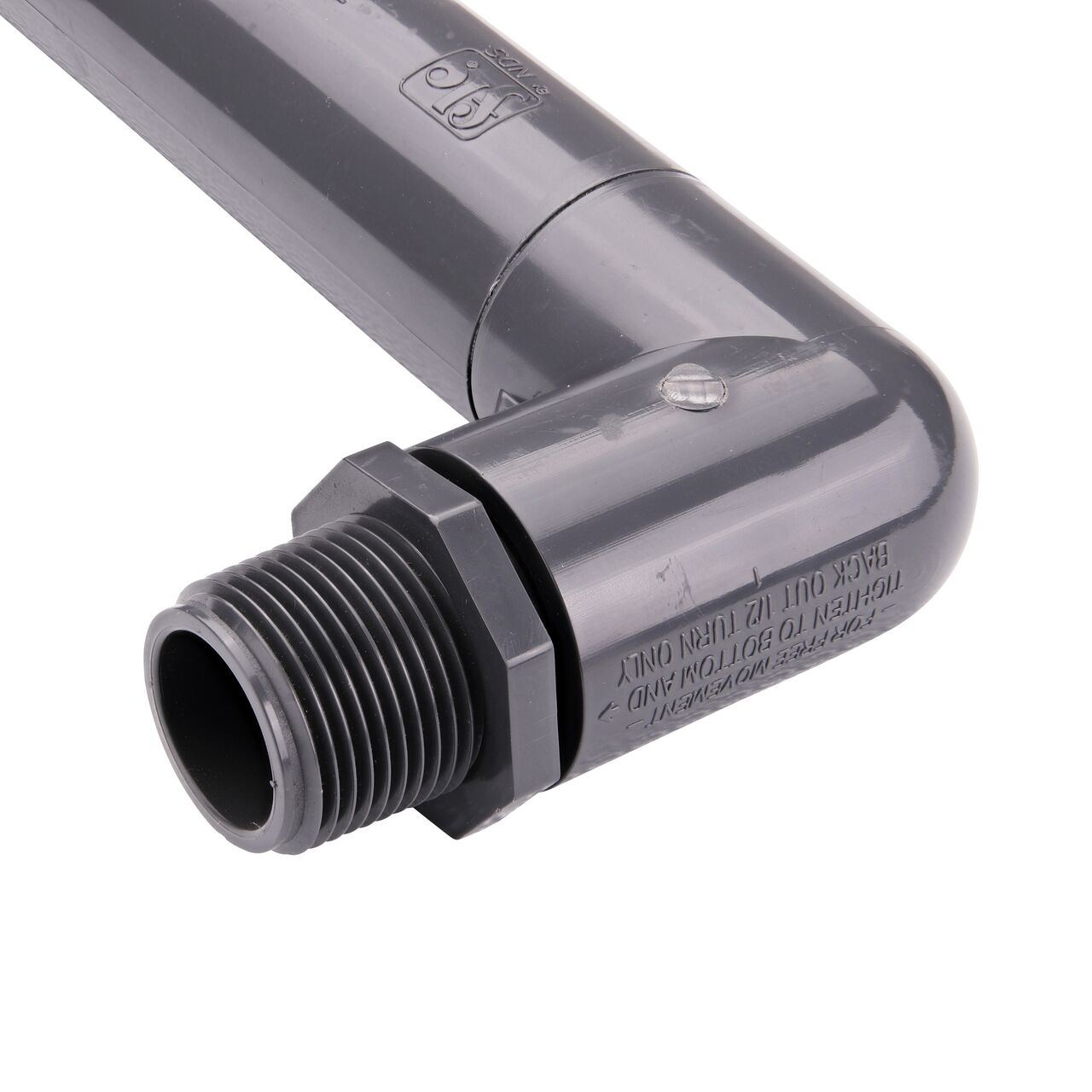 Closeup view of the 1 in. MPT end on NDS PVC Triple Swing Joints Assembly that connects to the FPT sprinkler connection point perfect for landscape sprinkler installation (NDS TSA-1000-TT)