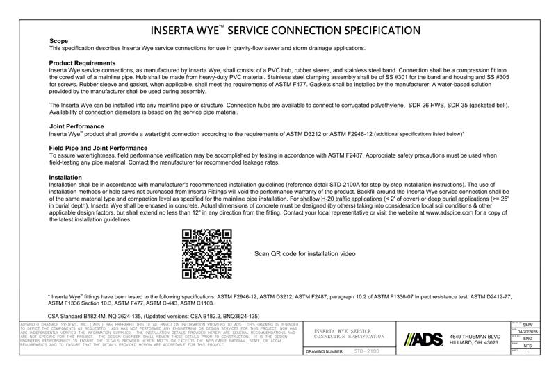 Inserta Wye Service Connection Specification Detail