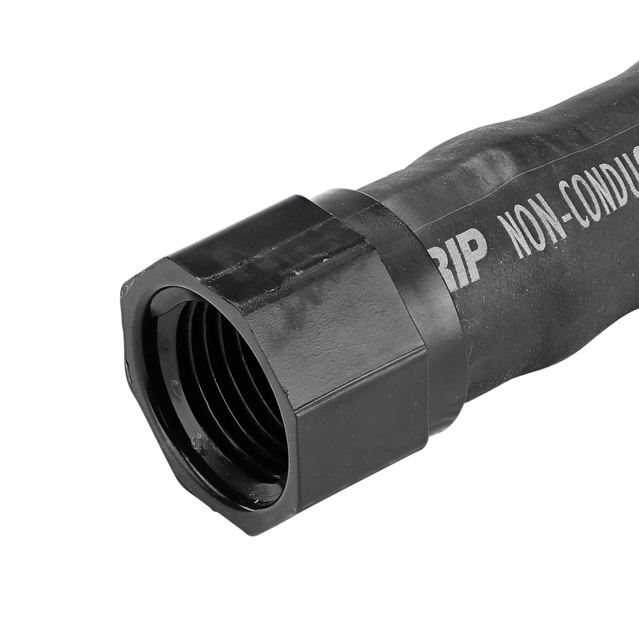 Closeup of the NDS 1/2 in. Flexible Riser MPT end that is made of PVC that attached to a rubber body which prevents riser from breaking under accidental impacts (NDS FR-0500-4)