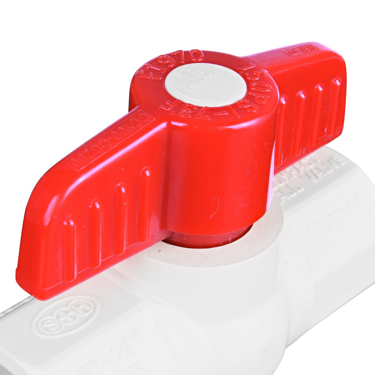 Closeup of the NDS IPS Ball Valve showing the handle that rotates two ways to control water flow (NDS E1410-05)