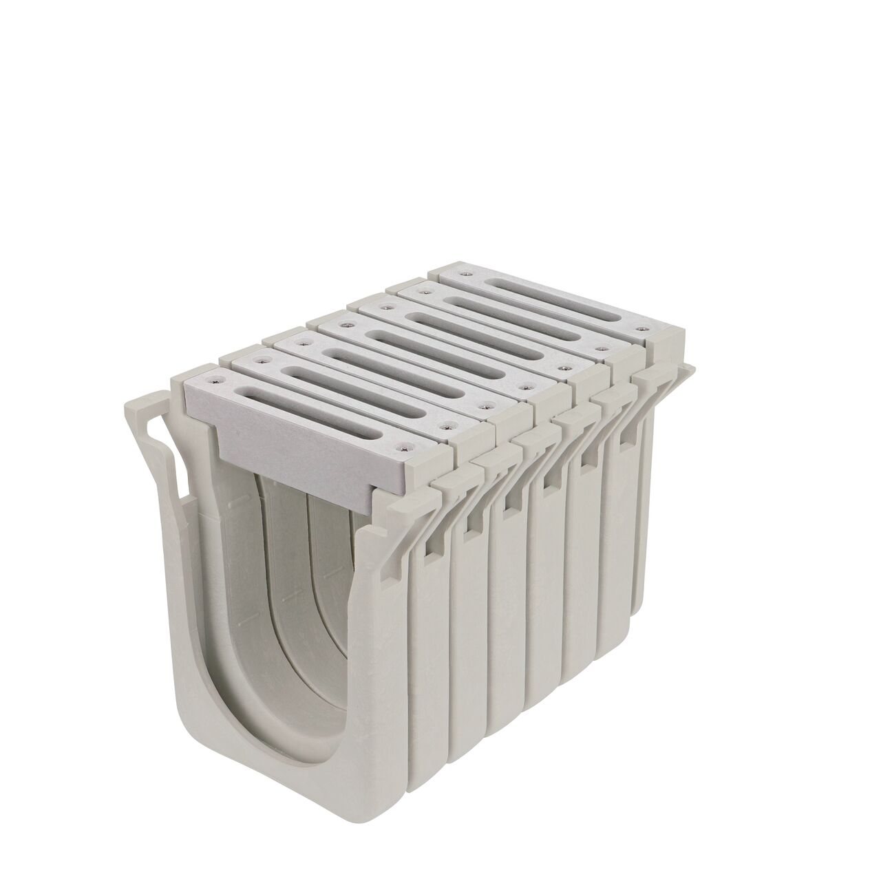 Seven connected 6.35 in. Deep NDS Dura Slope Channel Drain EZ-Track Radius Couplings (NDS DSRC-097) with seven Light Gray Dura Slope EZ-Track Radius Coupling Slotted Grates (NDS DS-661LGMG) installed