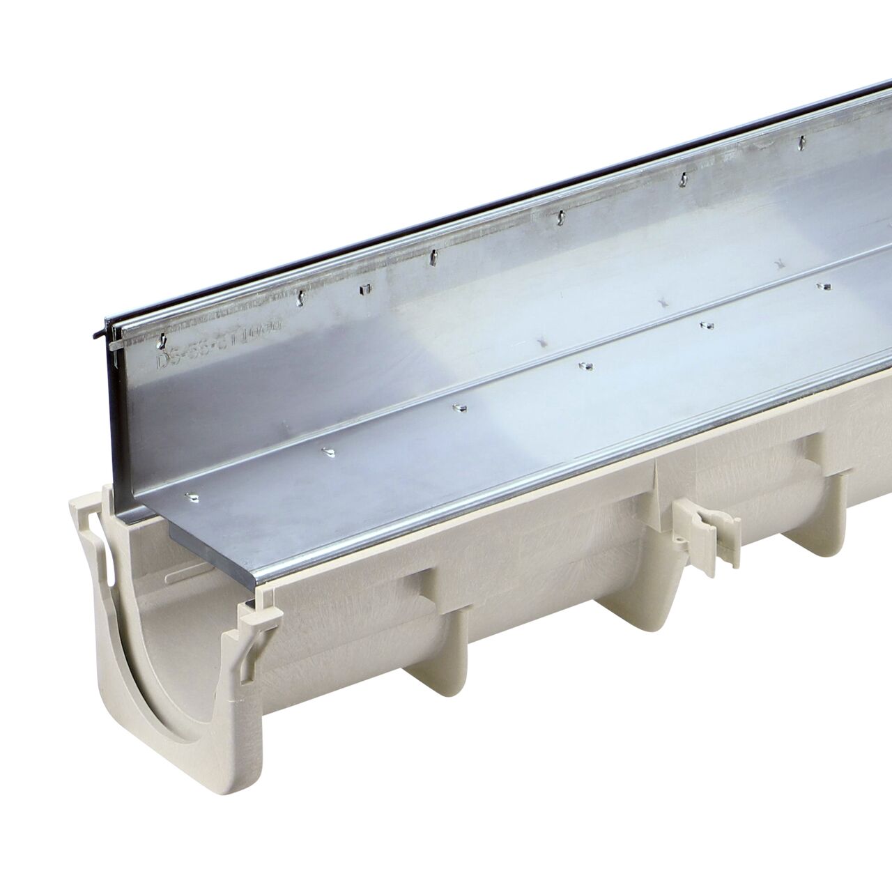 Close up view of the NDS Dura Slope 4 foot Slot Top Stainless Steel Channel Grate (NDS DS-SS-ST1000) and the female end of the Dura Slope Channel Drain (NDS DS-091)