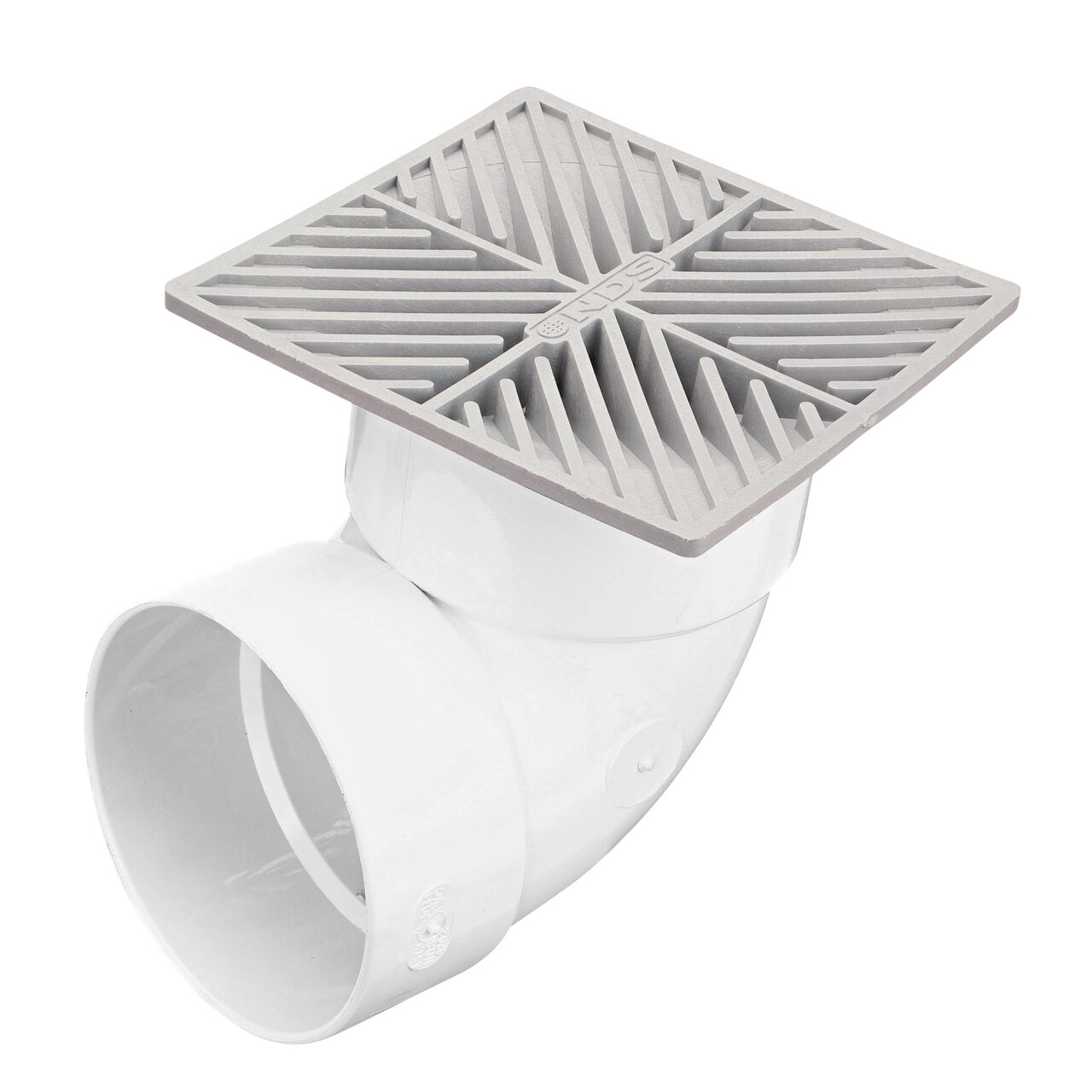 NDS gray plastic 6 in. Square Grate Fits 3 & 4 in. Draing Pipes and Fittings installed on 4 in. S&D Elbow (NDS 6)