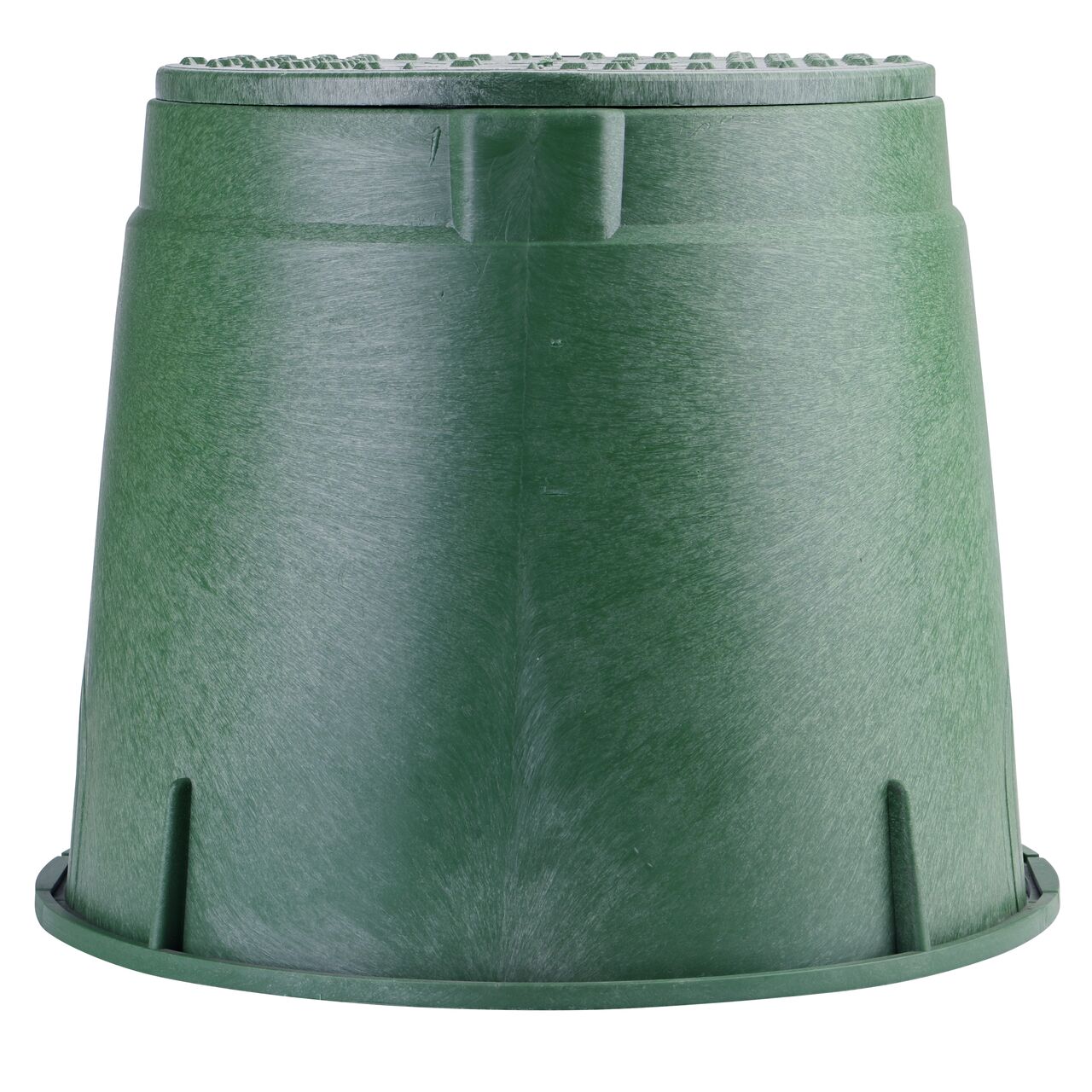 Side view of the longer length side of the NDS 10 in. Round Standard Series Valve Box & Electrical Cover (NDS 112BCE) which is engineered for superior strength with structural reinforcing ribs