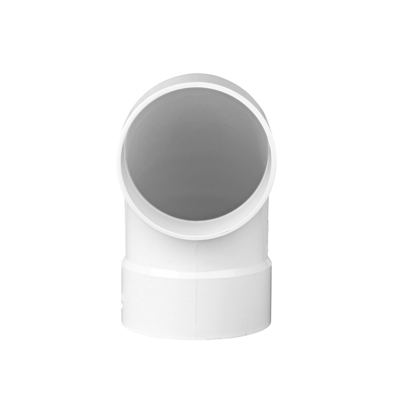 Side view with hub facing forward of the PVC 90° long-turn street elbow; connects 4 in. Hub to Spt (NDS 41P0ST, NDS 41P0ST*, NDS L41P0ST, NDS M41P0ST)