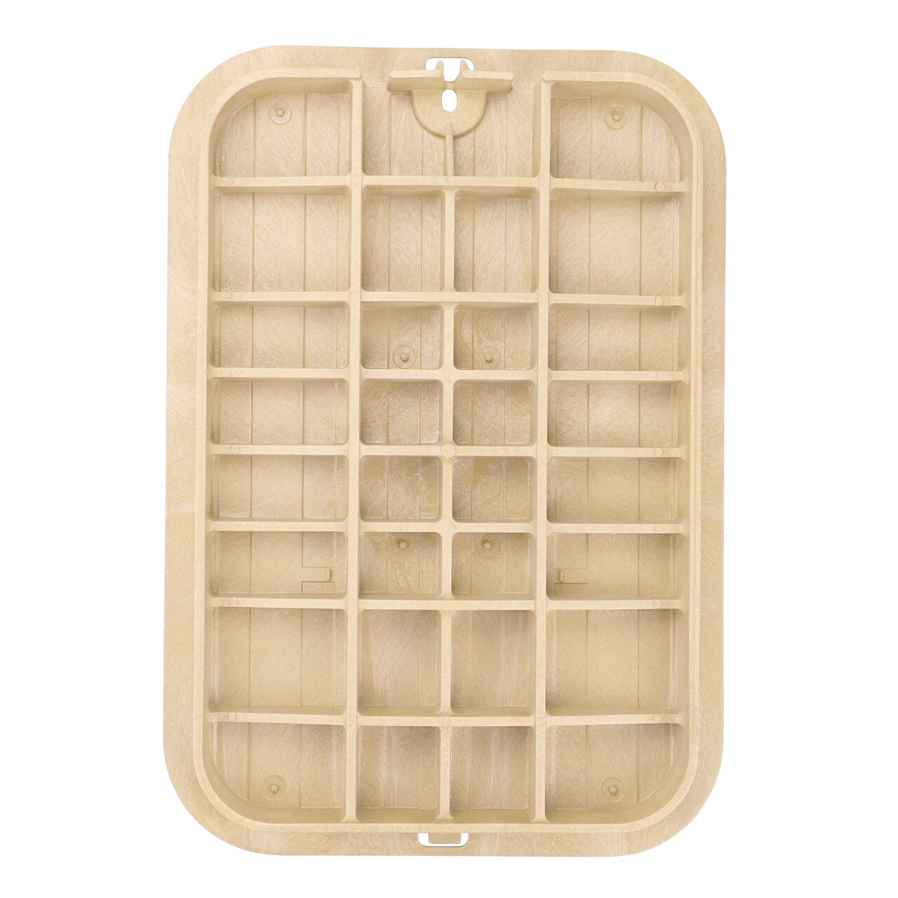 Top down view of the underside of the Sand Irrigation Control Valve cover (NDS 317CSAND) for the NDS 13 in. X 20 in. Rectangular Pro-Spec® Series valve box showing reinforcing ribs that help support pedestrian and lawn care equipment