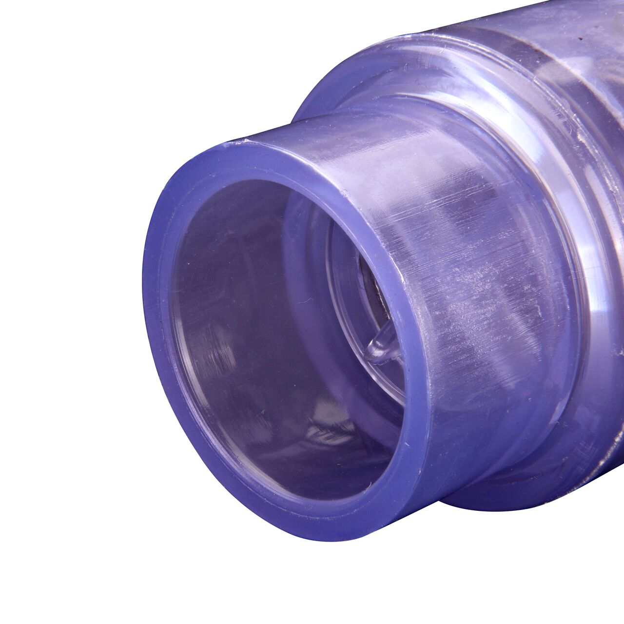 Closeup of the 1-1/4 inch spigot end of the NDS Clear 1 in. slip end by 1-1/4 spigot end PVC Air Check Valve (NDS 1050C10)