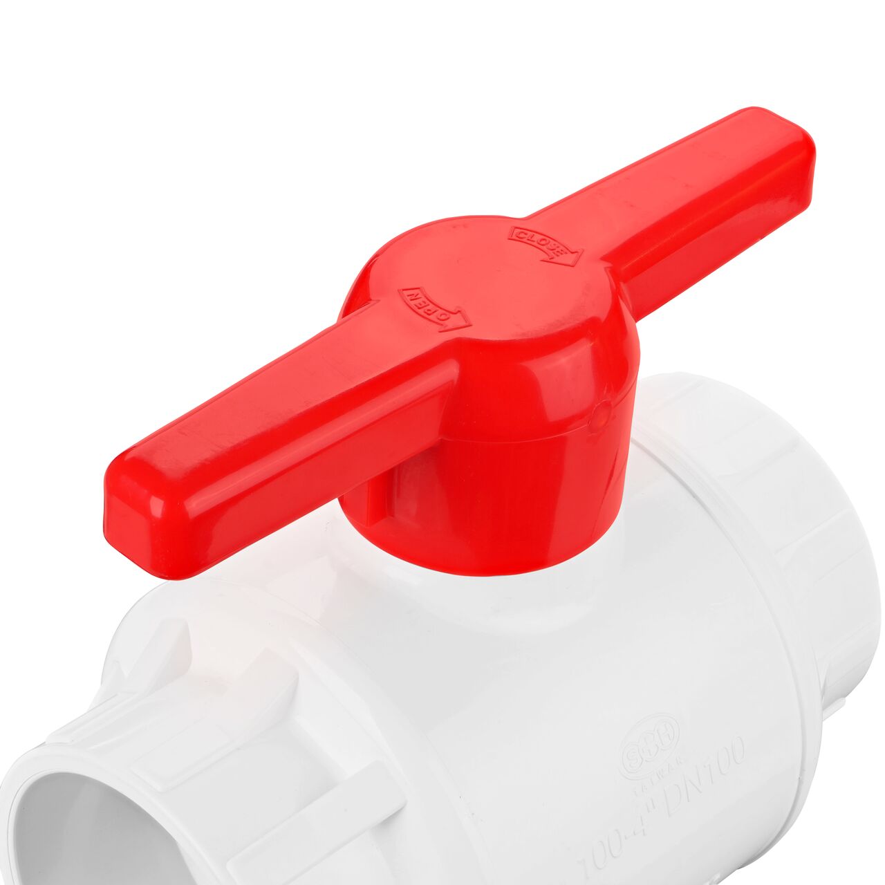 Closeup of the NDS IPS Ball Valve showing the handle that rotates two ways to control water flow (NDS E1410-40)