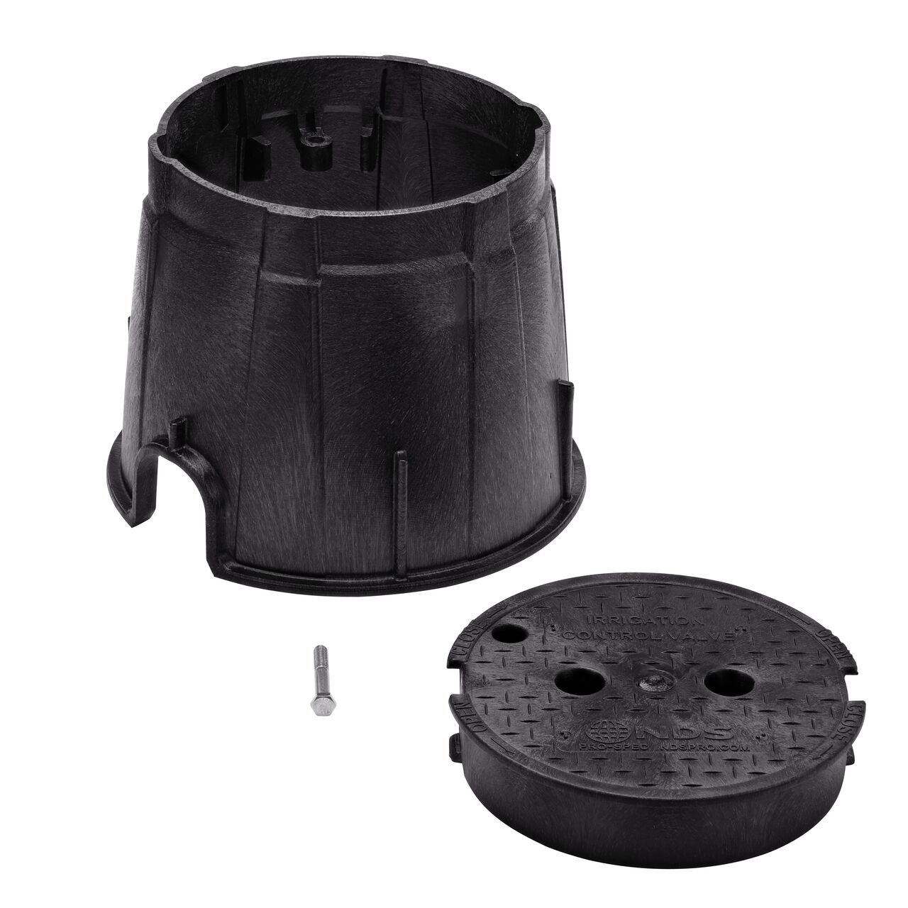 Unassembled View of the NDS 10 in. Round Pro-Spec® Series Black Box and Black Irrigation Control Valve Cover with Bolt (NDS 311BCBBLK) showing the overlapping cover with a bayonet twist-lock lid featuring two finger slots, making it easy to remove or secure onto the box