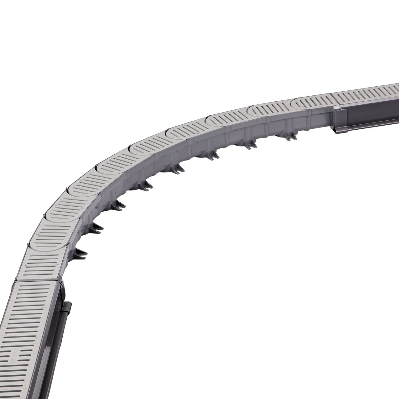 The NDS Spee-D® Contour™ Channel Drain Middle Section and Gray Grate (NDS 400-ACSE-WH) and Spee-D® Contour™ Channel Drain Middle Section and Gray Grate (NDS 400-ACM-WH) make natural curves in your channel drain system that are quick and easy to install along irregular or curved hardscapes