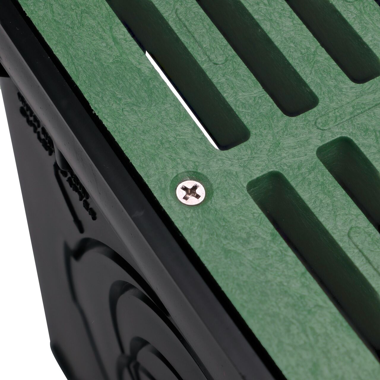 Closeup of #6 X 1-1/4 in. Phillips Flat Head Screw securing standard grate to 12 in. Catch Basin (NDS 829)