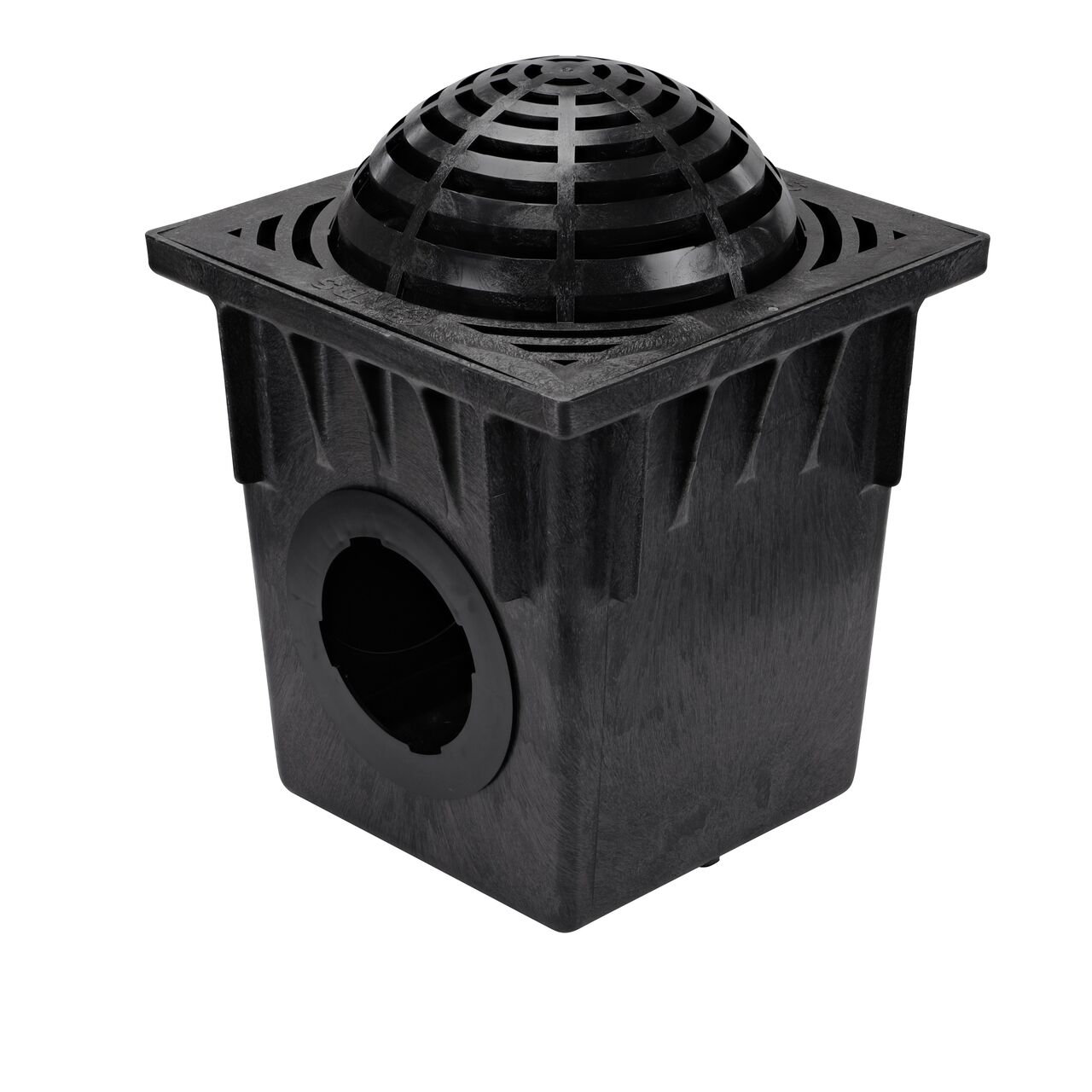 NDS 18 in. Square Atrium Catch Basin Drain Grate, Black Plastic (NDS 1881) installed on a NDS 18 in. Square Catch Basin (NDS 1882)