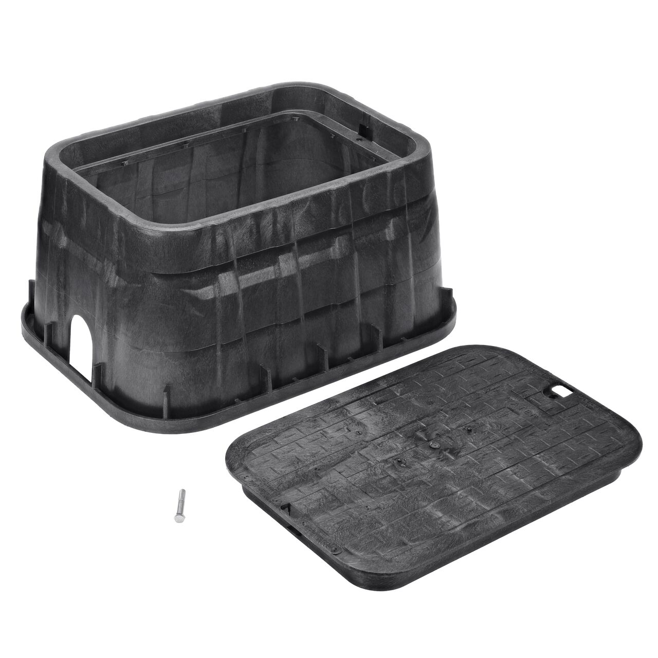Unassembled View of the NDS 13 in. X 20 in. Rectangular Pro-Spec® Series Black box and Black Water cover with bolt (NDS 317BCBW), that secures the lid onto the box