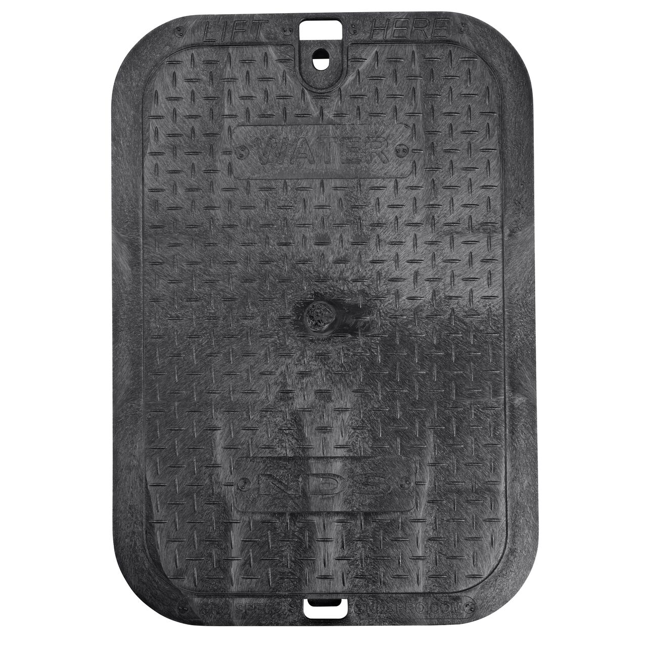 Top down view of the top side of the Black Water cover for the NDS 14 in. X 19 in. Rectangular Pro-Spec® Series (NDS 313BCBWBLK) shows markings for easy identification