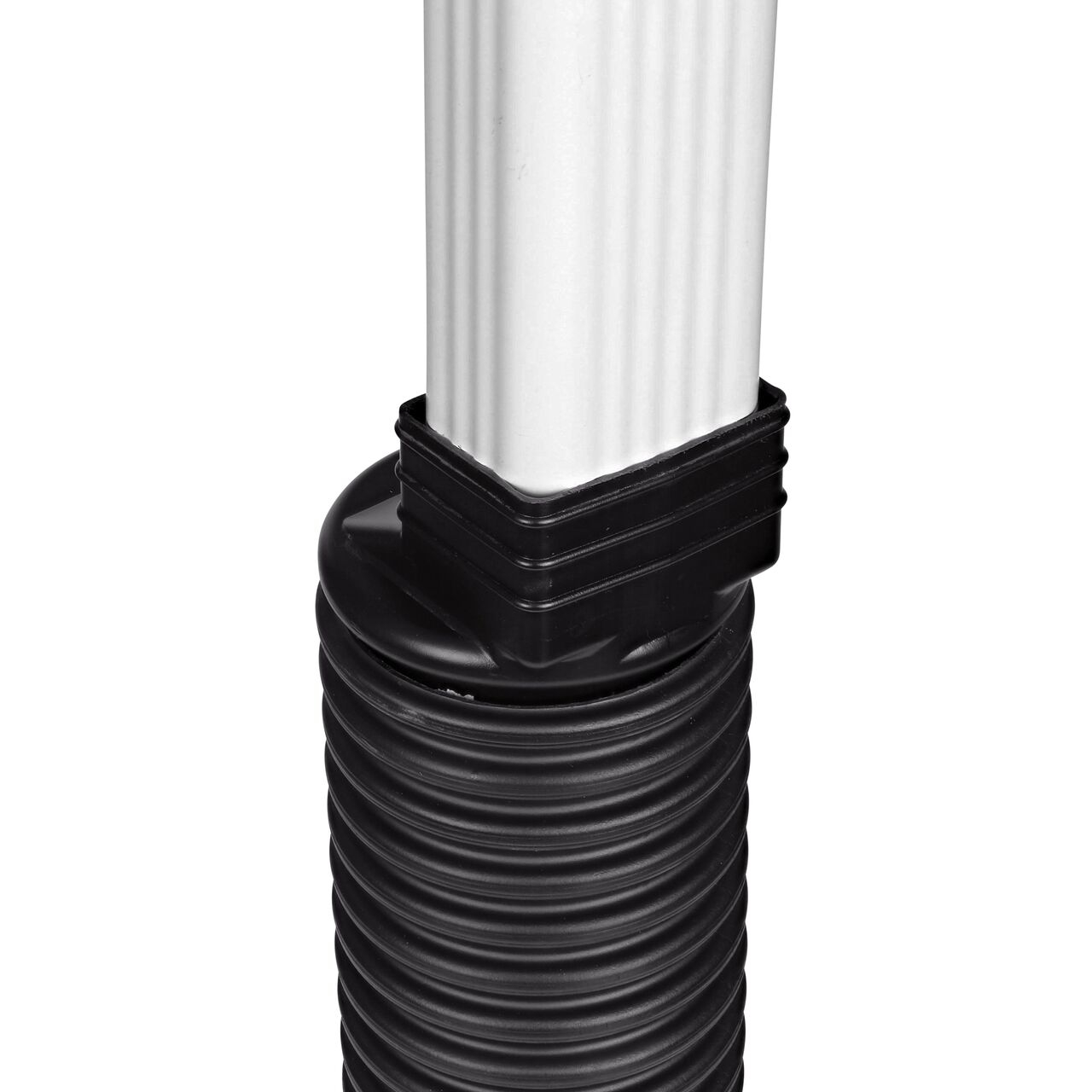 Side view of the wide side of the HDPE Downspout Adapter which transitions 2X3 in. Downspout to 4 in. Hub (NDS 234CDS)
