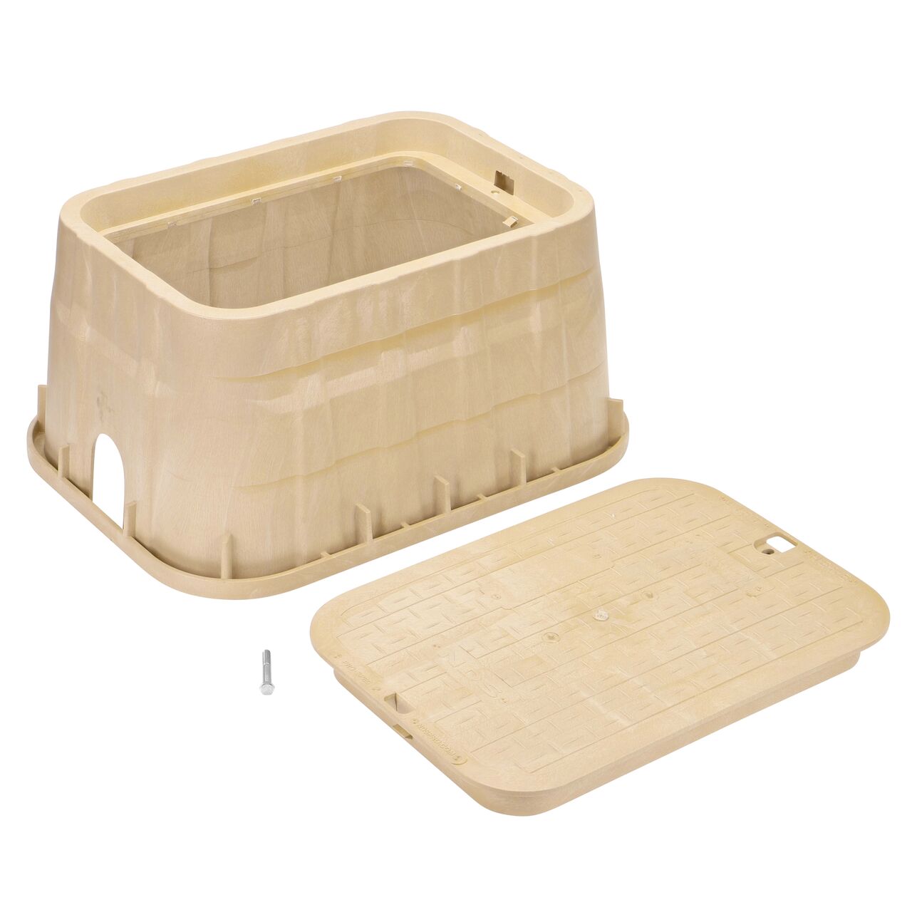 Unassembled View of the NDS 13 in. X 20 in. Sand Rectangular Pro-Spec® Series jumbo valve box and Sand Irrigation Control Valve cover (NDS 318BCBSAND)