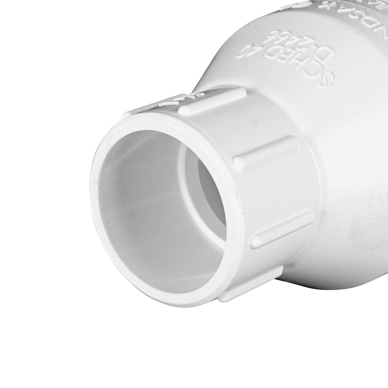 Closeup of the slip end of the NDS White 1-1/4 in. slip end by slip end PVC Spring Check Valve (NDS 1011-12, NDS 1012-12)
