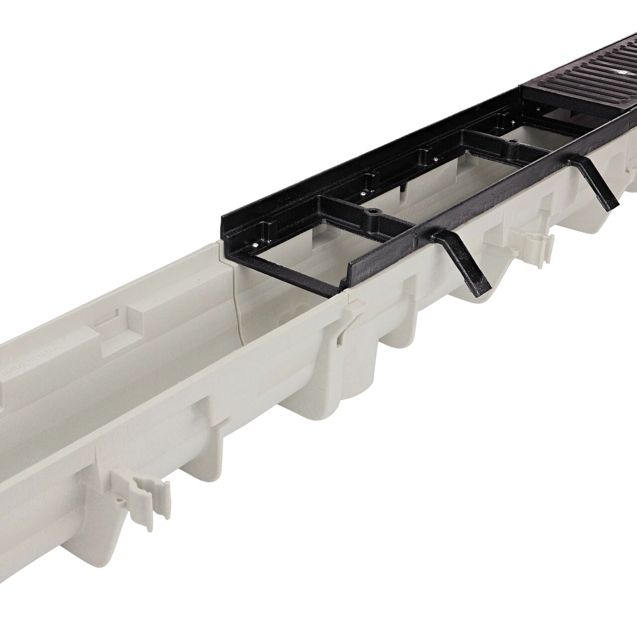 Install the Dura Slope™ Channel Drain Frame (NDS DS-200H) with the Dura Slope Phillips Pan Head Screws (NDS DS-123) first on the NDS Dura Slope Channel Drain (NDS DS-091), then add the Cast Iron Dura Slope Channel Drain Grate (NDS DS-231) with the Dura Slope Spanner Head Screws (NDS DS-650)